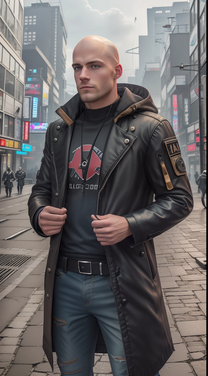 (8K, RAW-Foto, best quality, Meisterwerk: 1.2), (fotorealistisch: 1.6) ,Eine heruntergekommene Cyberpunk-Stadt, A 25-year-old bald man,blonder bart, braune Augen, wears a cyberpunk coat,Neonlicht