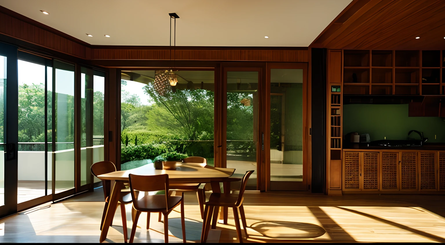 interior design、Insanely detailed wide-angle architectural photo、Cozy contemporary living room、(Bright and warm sunlight 1:0.1)、Award-winning contemporary interior design、landscapes、The table、a chair、in a house、Wooden flooring、window、resturant、east asian east asian architecture、sliding paper doors、abajour、architectural、the woods、naturey、cups、a plant、interior design、Insert lighting and shadows、depth of fields、low illuminance、