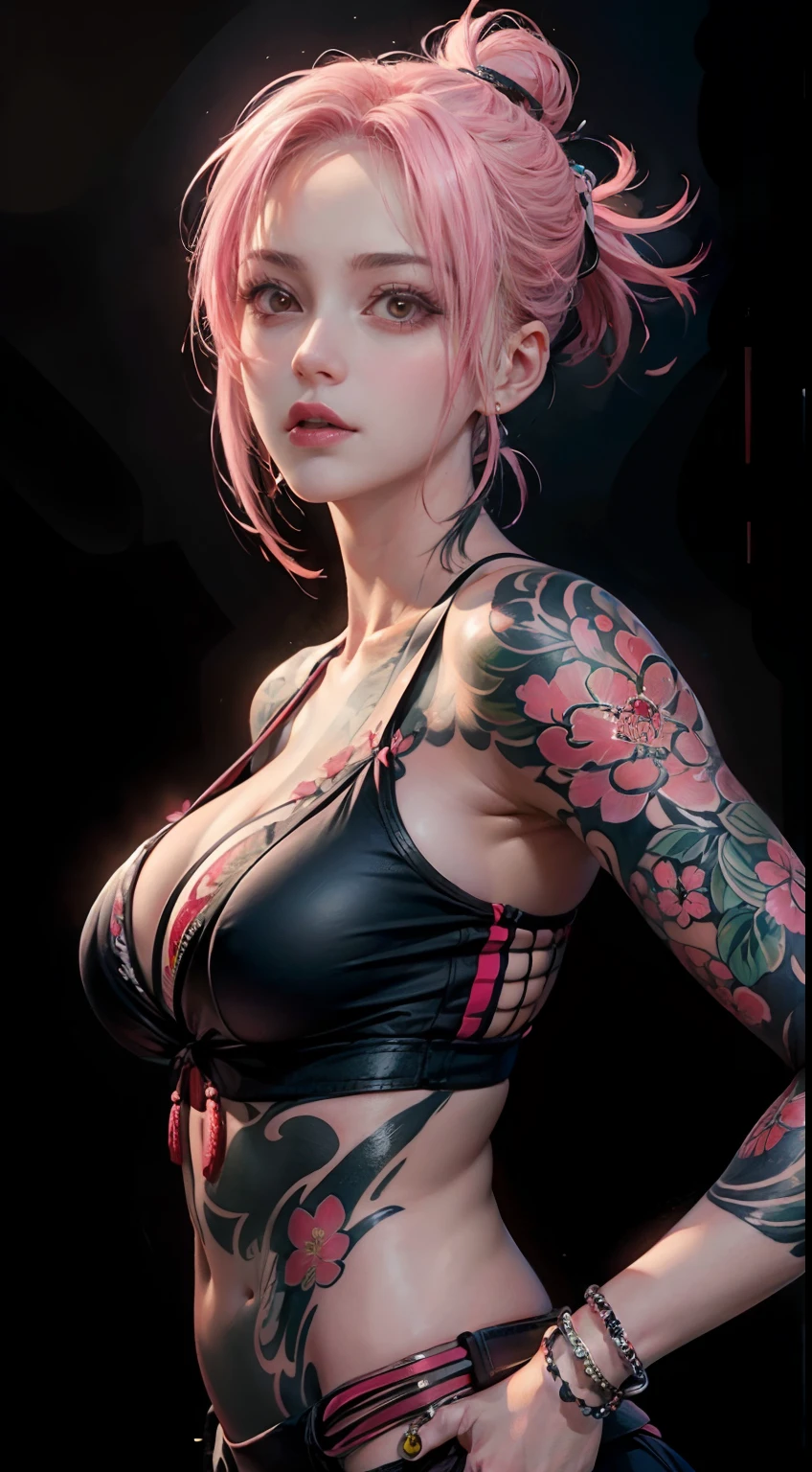 8k, Masterpiece, (photorealistic:1.5), artistic portrait of ((a beauty sakura haruno) wearing kimono), irezumi tattoo on back, ((expose back tattoo)), exposed face, bare shoulders, exposed huge breast, saggy large breast, beautiful skin, slim fit body, cute face, lovely look, look at viewer, bun pink hair with bang, posing for a picture, foggy atmosphere, backlight, dark grey background, dynamic lighting, natural, artistic