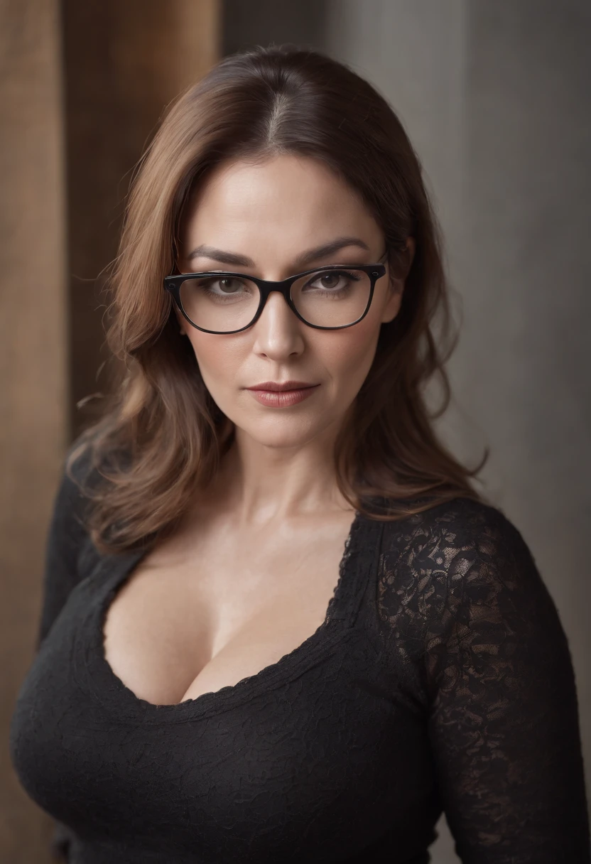 Sexy 45 year old woman very mature woman very pretty well groomed big breasts firm breasts plus size woman round hips very sexy woman photo in tight tight sweater black lingerie glasses