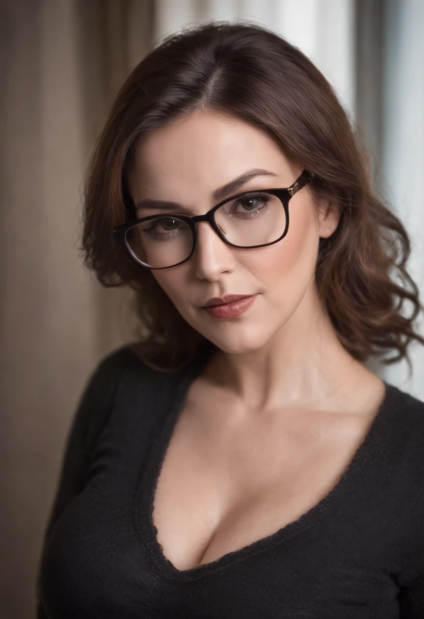 Sexy 45 year old woman very mature woman very pretty well groomed big breasts firm breasts plus size woman round hips very sexy woman photo in tight tight sweater black lingerie glasses