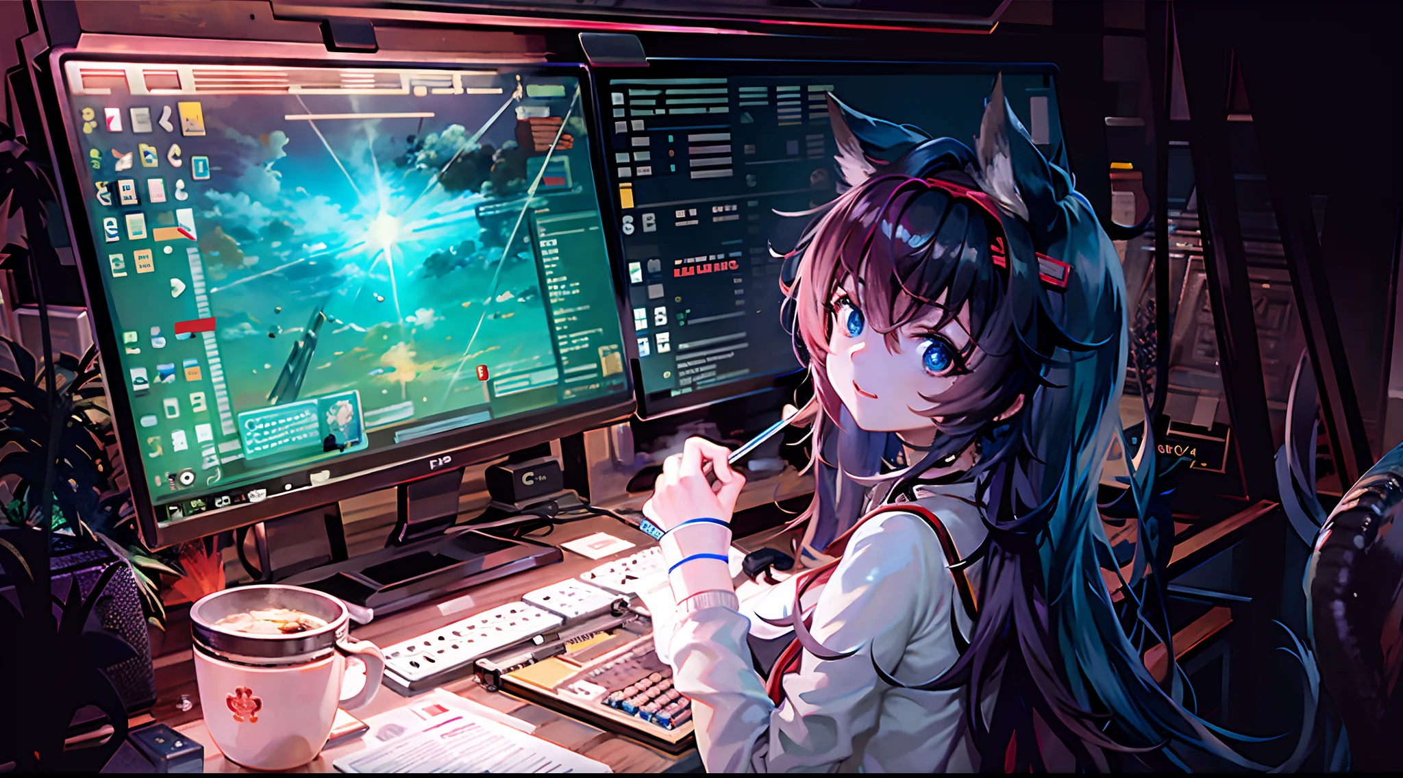 ****** anime sentada na frente de um computador com um teclado e mouse, estilo anime 4K, Anime Art Wallpaper 4K, Anime Art Wallpaper 4K, Anime Art Wallpaper 8K, anime girl desktop background, Papel de parede anime 4k, arte de anime digital, night core, Anime Wallpaper 4k, 4k anime wallpapers, Arte digital no Pixiv