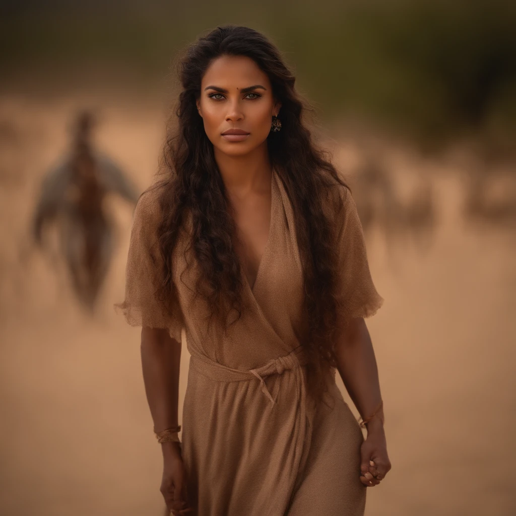 tempestade de areia no deserto, camelos, mulheres de cabelos negros andando