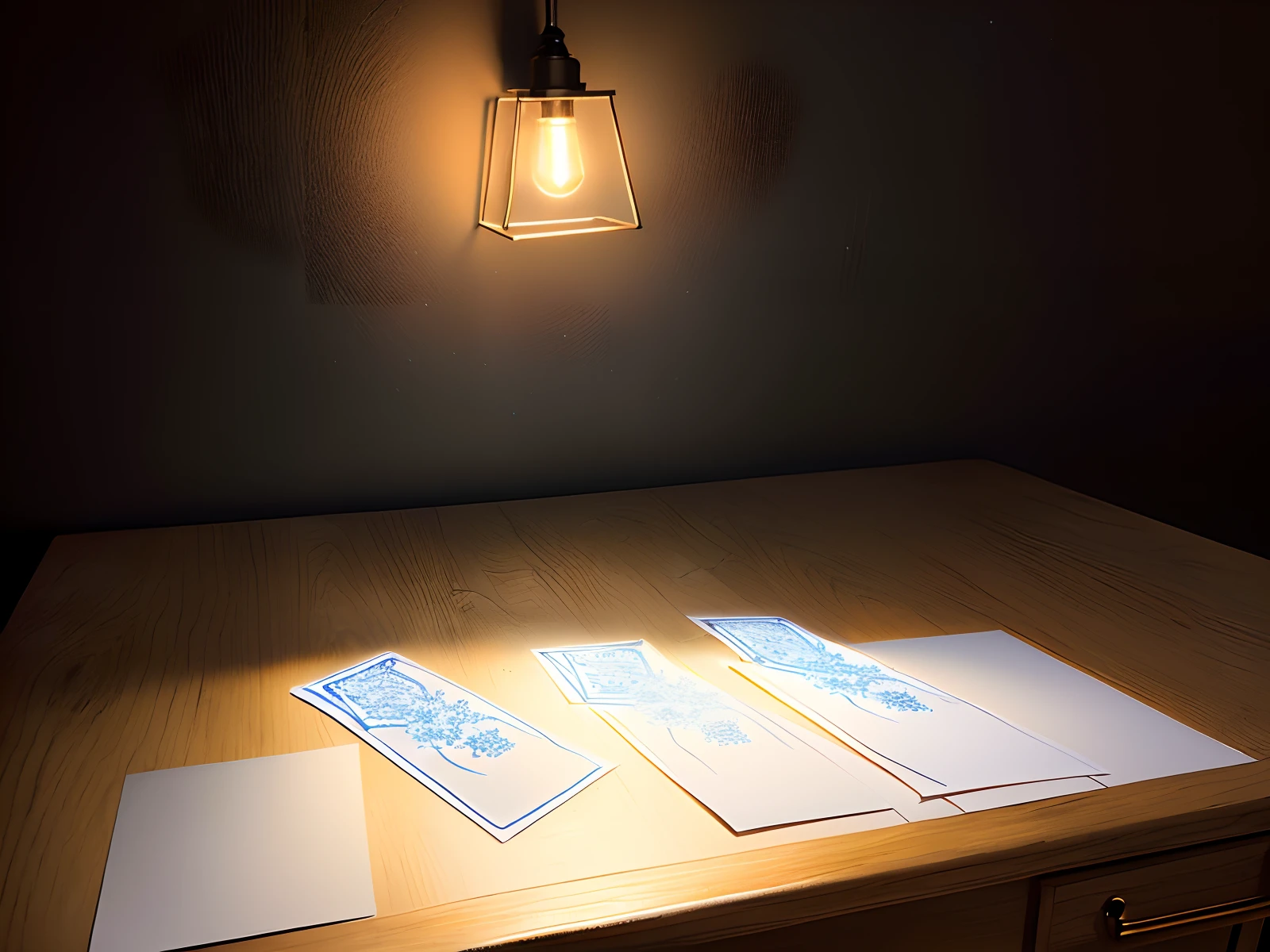 White luminous card placed on desk in dark room