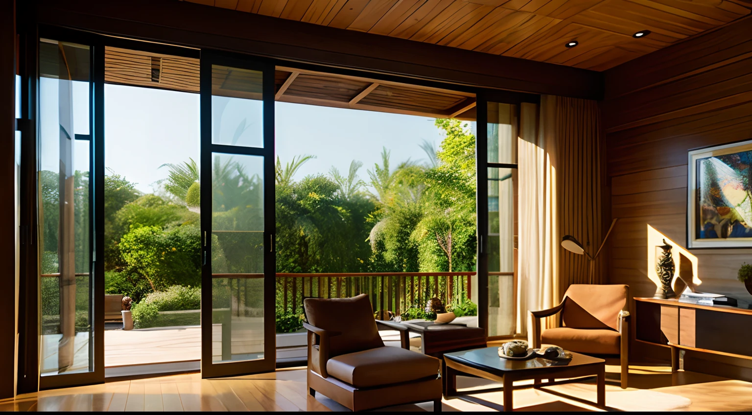 interior design、Insanely detailed wide-angle architectural photo、Cozy contemporary living room、(Bright and warm sunlight 1:0.1)、Award-winning contemporary interior design、landscapes、The table、a chair、in a house、Wooden flooring、window、resturant、east asian east asian architecture、sliding paper doors、abajour、architectural、the woods、naturey、cups、a plant、interior design、Insert lighting and shadows、depth of fields、low illuminance、