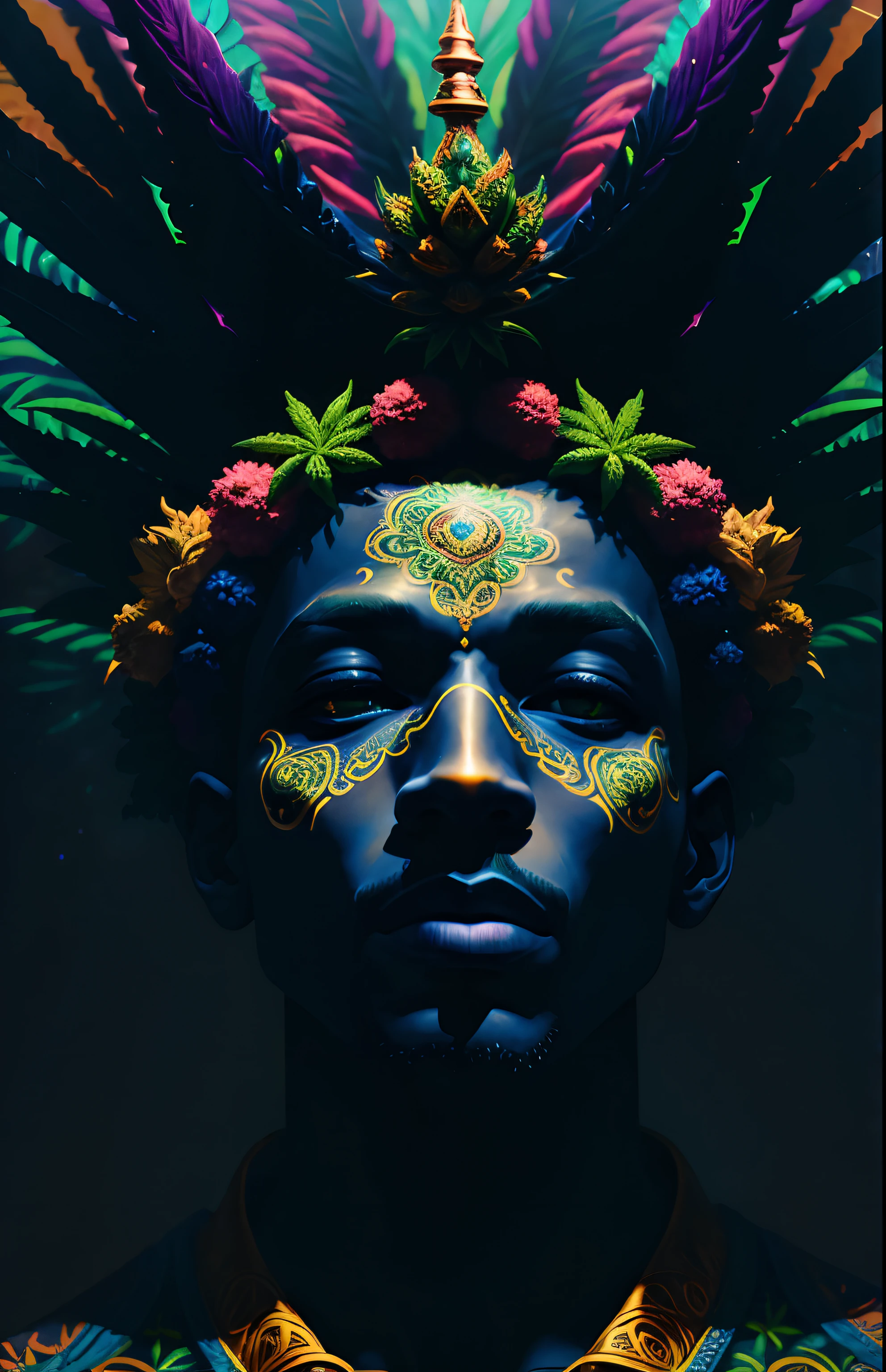 (a) marijuana deity, (a) black human male, (a) terrain, (vibrant colors), (ethereal lighting), (surrealistic), (astonishingly detailed), (intricate patterns), (divine presence)