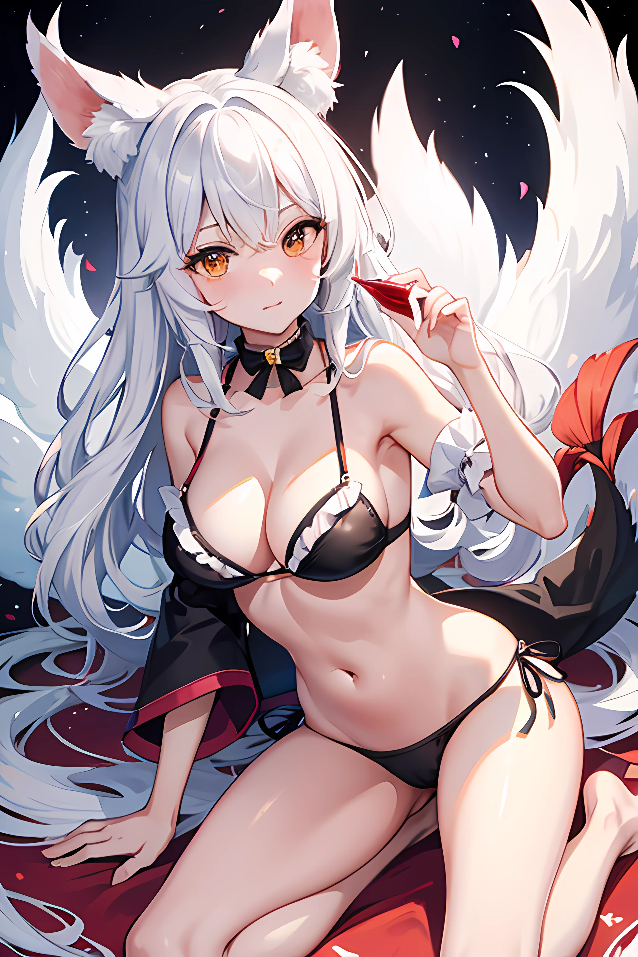 chica kitsune, orejas de zorro, cola de zorro, color rosa, bikini negro, open legs