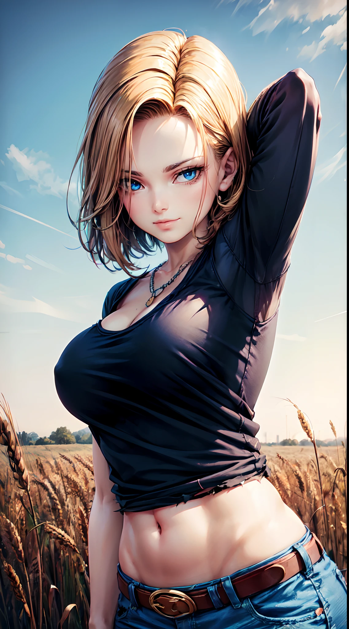 I'm bending over and looking at me.、Slouching Pose、Android 18、...db、It is shown to have a rather slender figure. Lean on the wheat field and look at this、And the breeze is playing with her hair, And she touches the wheat with her hands in the morning, The weather is sunny, And she wears a shirt with exposed cleavage., Superior Quality, Many details, Sharp Focus, Realism、Blue jeans、Quite loose T-shirt、A slight smil、Belt bag, vests, Necklace, jeans, Rock, Volumetric lighting, Best Quality, masutepiece, Intricate details, tonemapping, Sharp Focus, Hyper Detailed, Trending in art stations, Damaged clothes, tits out, Slim body, Good anatomy, Buttocks and curves、Slouching Pose、