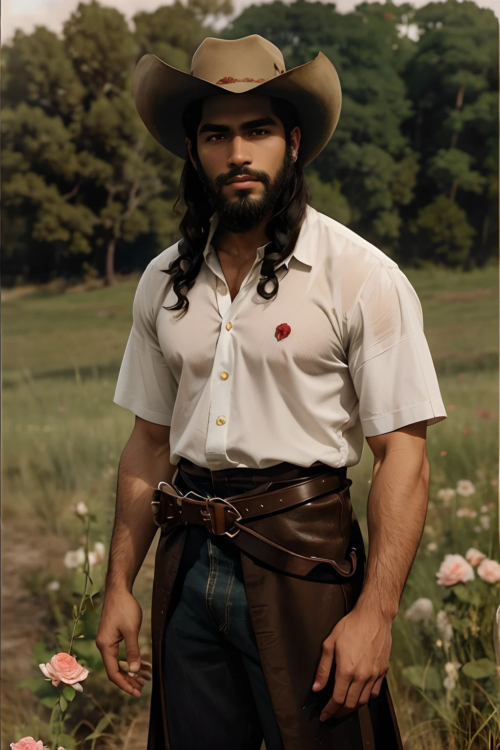 lone male cowboy holding wild roses on a field, brown attire, filipino american standing next to a tall handsome white male with a cowboy hat short hair and beard, handsome face, late 20's, light facial hair, medium long wavy hair, dark brown cowboy hat