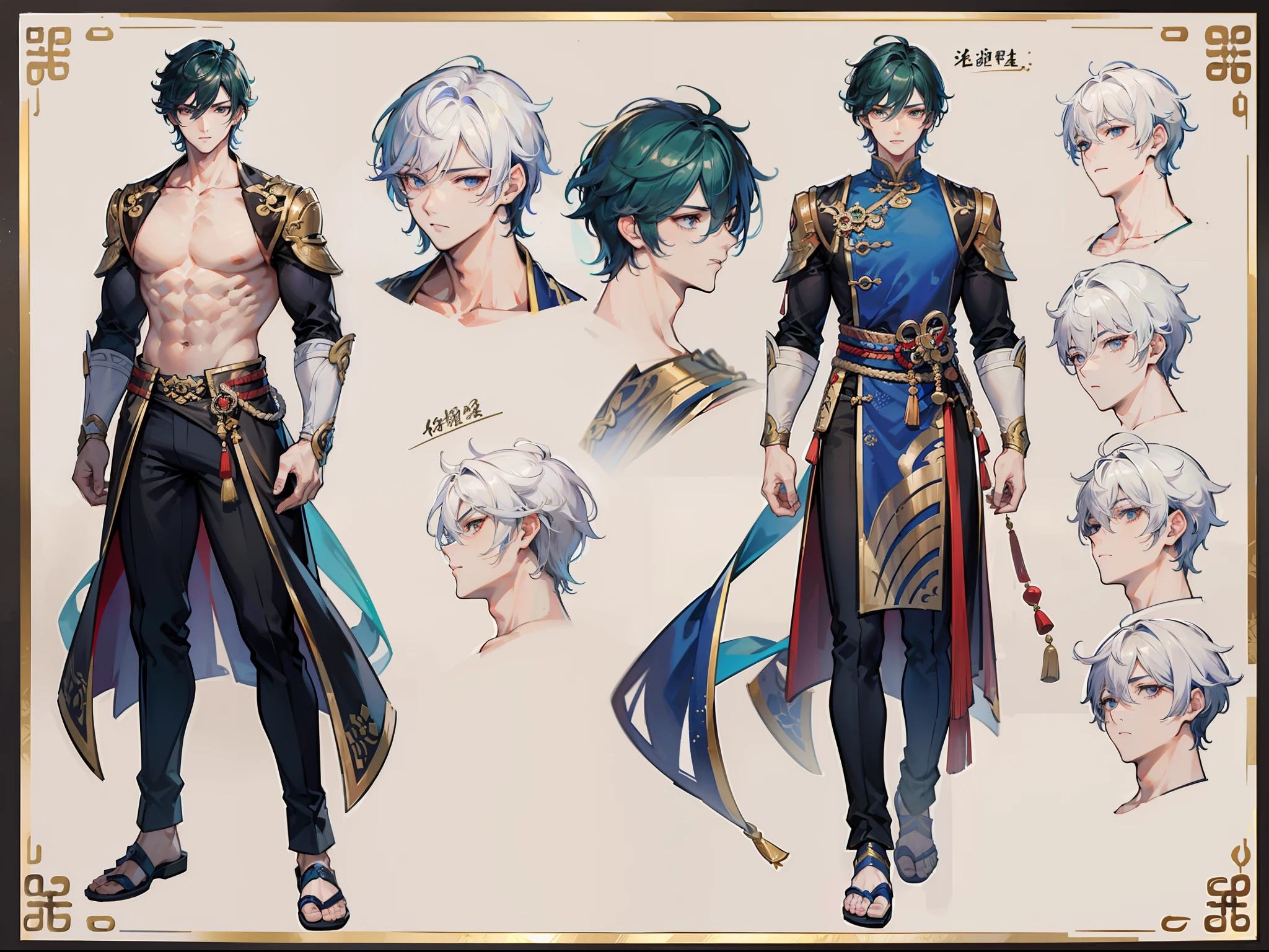 ((Masterpiece, Highest quality)), Male, boy, Detailed face, character design sheet，full body esbian, Full of details, frontal body view, back body view, Highly detailed, Depth, Many parts, Muscle boy with brunnete hair，handsome man,  Traditional chinese clothes, Genshin Impact, man tall, pectoral muscles, abs