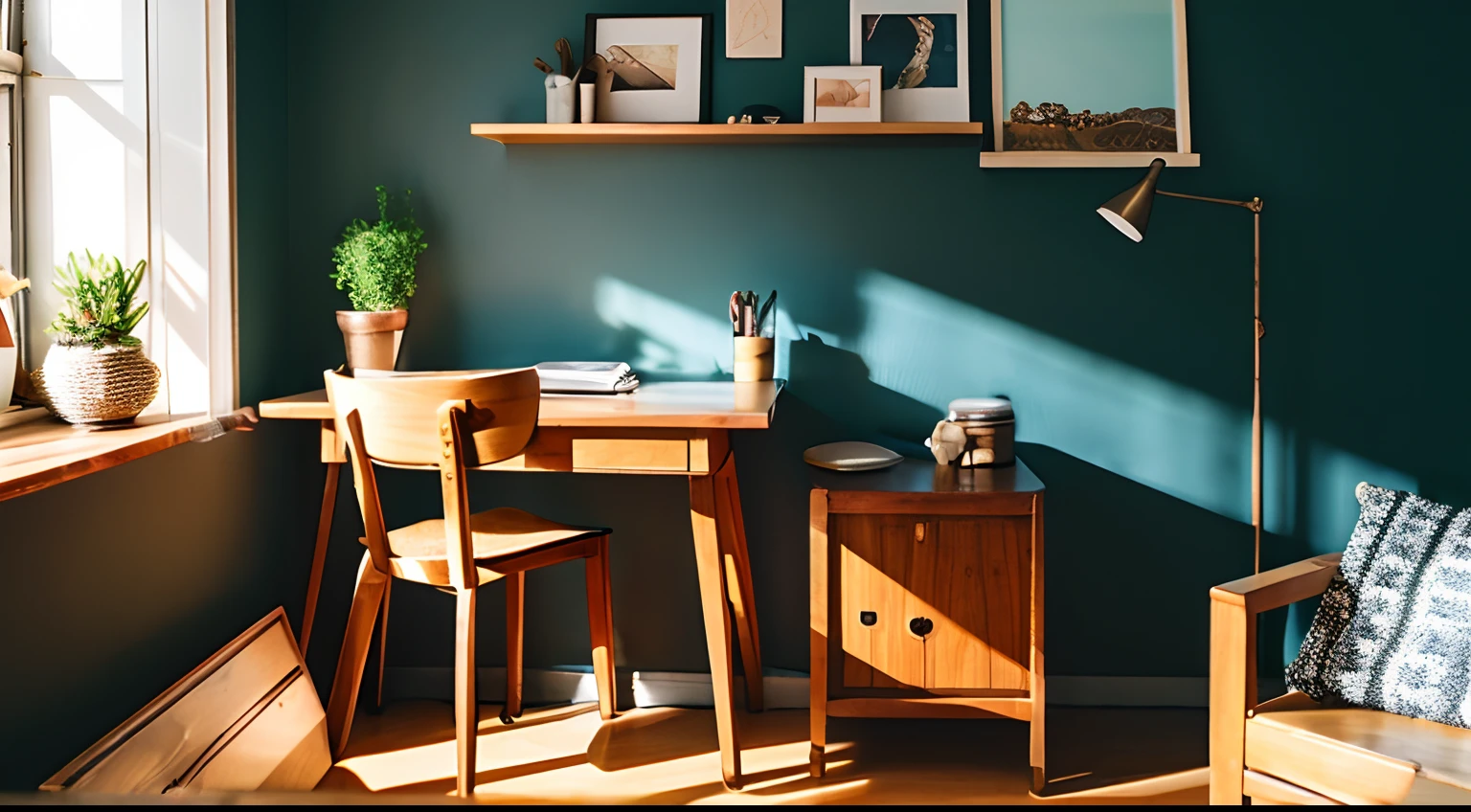 cafes、Wooden chair、Wooden Desk、houseplant、Sunshine
