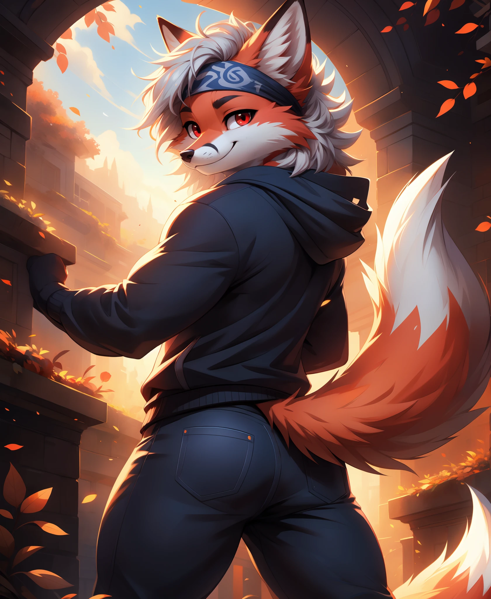 (anthro fox, muscular, wavy hairs}:1.2),
smiling
(good lights, good colors, good composition, monocolor,:1.2)
masterpiece, aestheticcartoon,
bestart, cartoon,
(cute:0.1),
morning, rim lights
bestart, masterpiece, extremely detailed furs, 8k,  soft fur, perfect composition, detailed shading, dynamic pattern with accents, detailed style, soft, vibrant colors,
good face, furry, gorgeous eyes, portrait,
long fluffy tail, smiling, (cute:0.1),
back view, looking back,
,
bandana,
,
,
,
glowing patterns,
(white and gray furs, white and gray hairs:1.3) with complex patterns,
,
slightly muscular,
(hoodie:1.2),
sexy pose,
dynamic scene,
dynamic abstract background,
teenager, musculegs,
blue jean,
(:1.2),
(monocolor red, red eyes:1.2),
BREAK,
playing football,