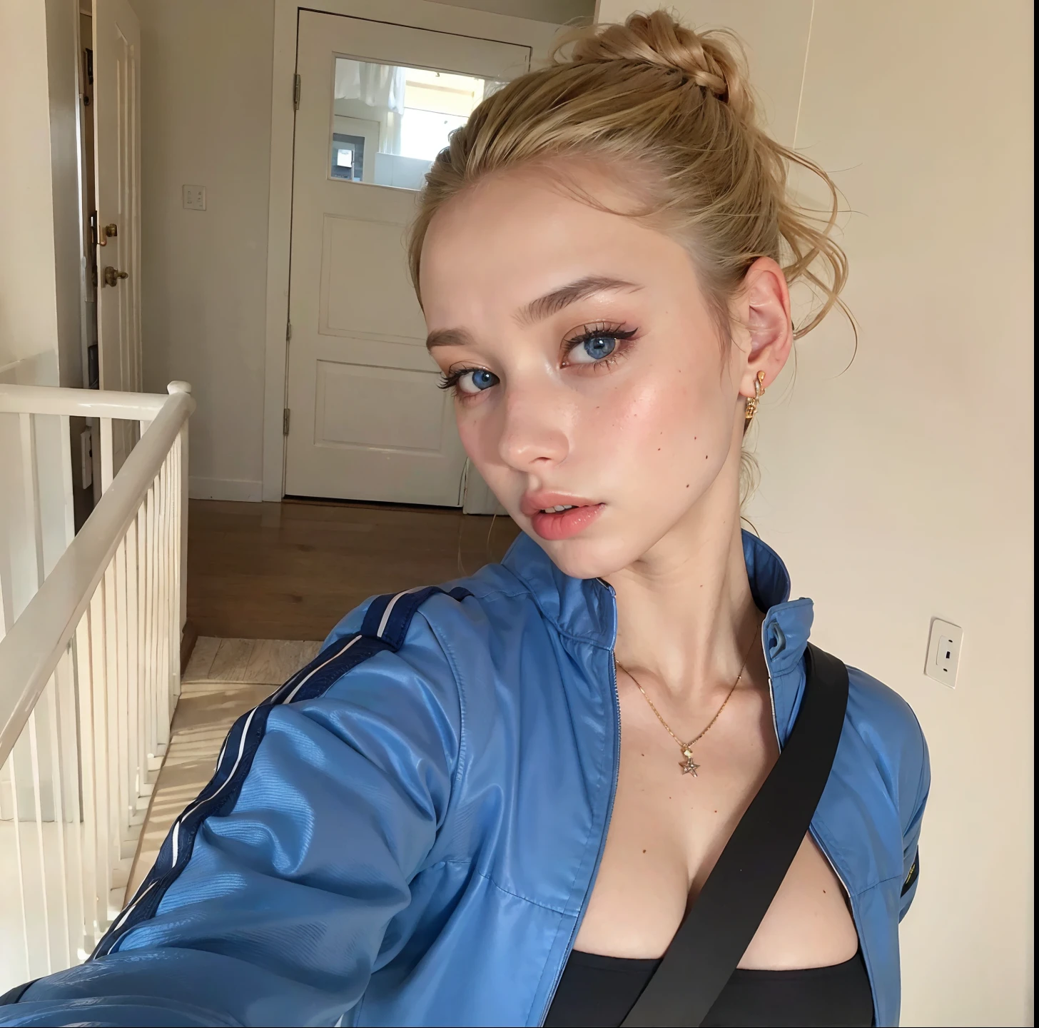 Mulher em uma jaqueta azul tirando uma selfie em um corredor, Retrato Sophie Mudd, Eva Elfie, imagem vazada, Modelo do Instagram, Taran Dasha, tomada em 2 0 2 0, tiradas em 2022, blonde braids and blue eyes, Angelina Stroganova, Directed by: Anna Haifisch, Yelena Belova