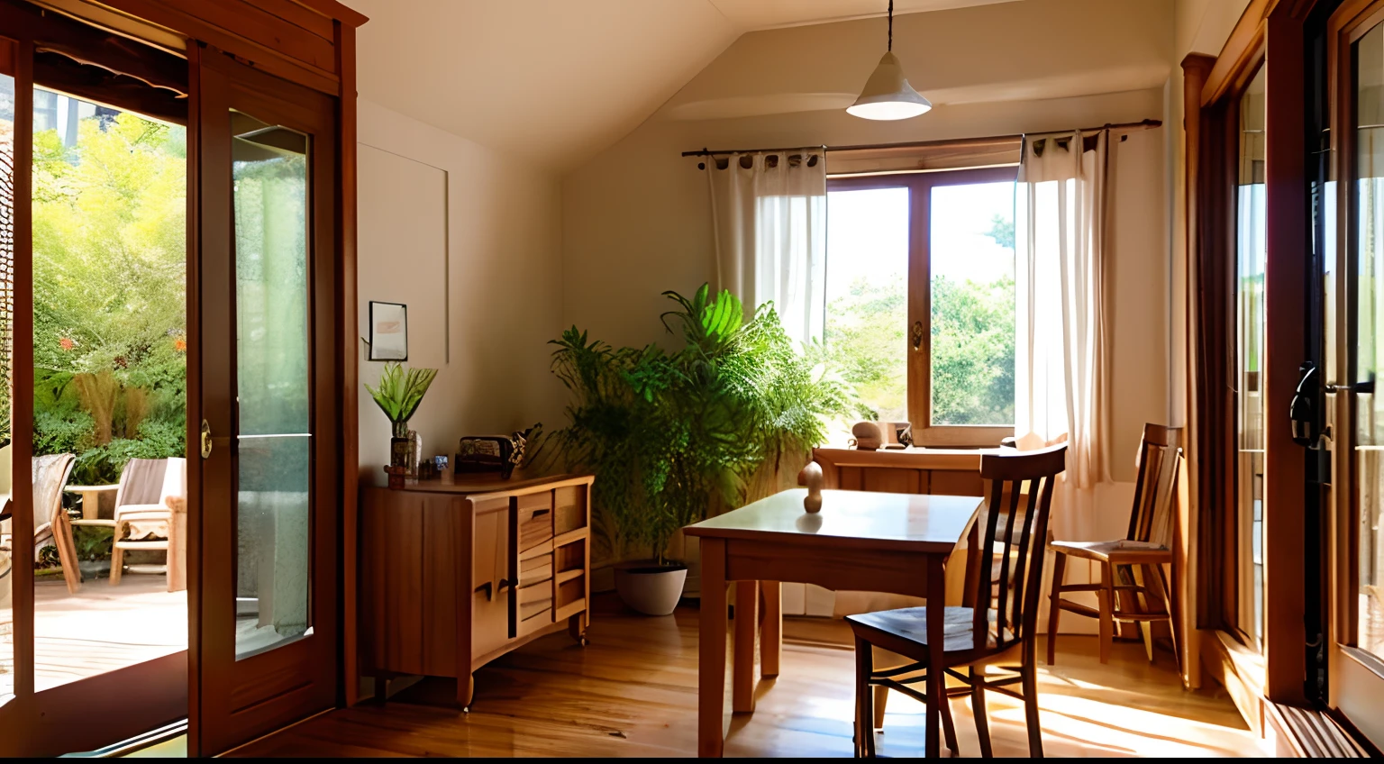 cafes、Wooden chair、Wooden Desk、houseplant、Sunshine