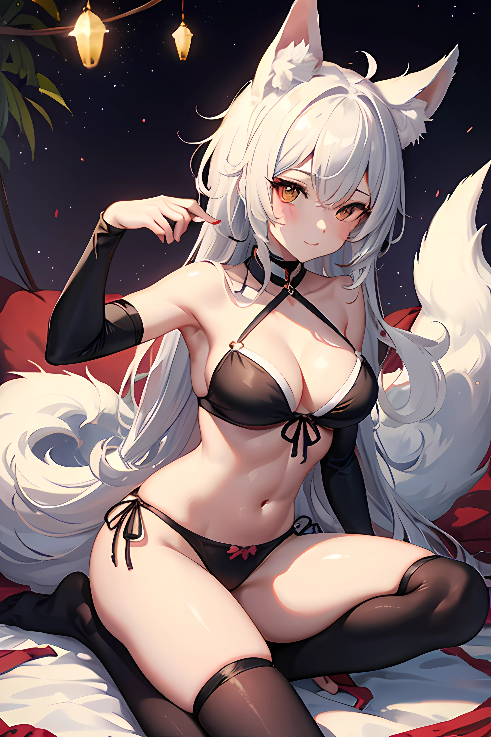 Chica Kitsune, orejas de zorro, cola de zorro, Color rosa, bikini negro, piernas abiertas