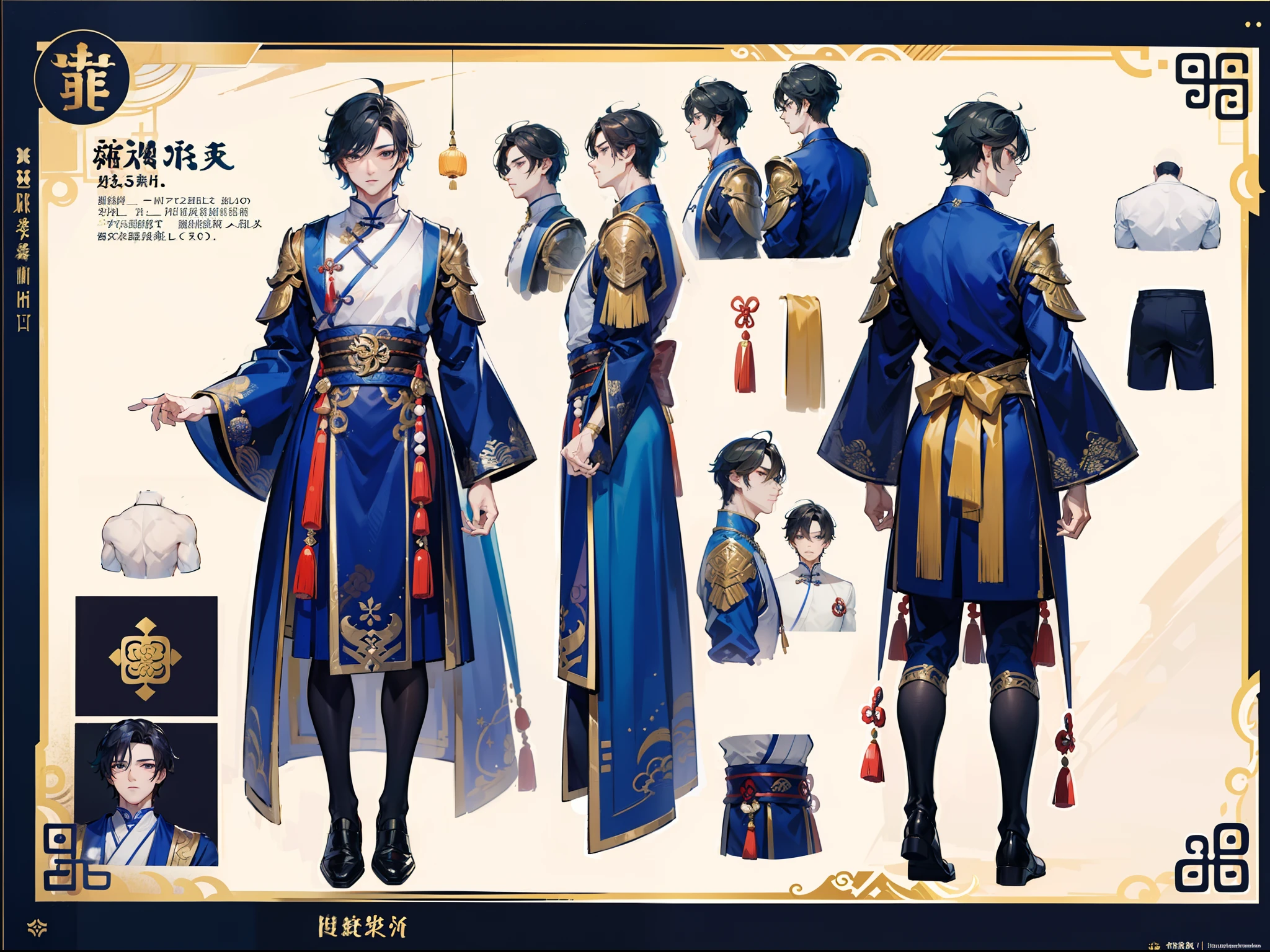 ((Masterpiece, Highest quality)), Male, boy, Detailed face, character design sheet， full bodyesbian, Full of details, frontal body view, back body view, Highly detailed, Depth, Many parts, Muscle boy with brunnete hair，handsome man, Traditional chinese clothes, Genshin Impact, man tall