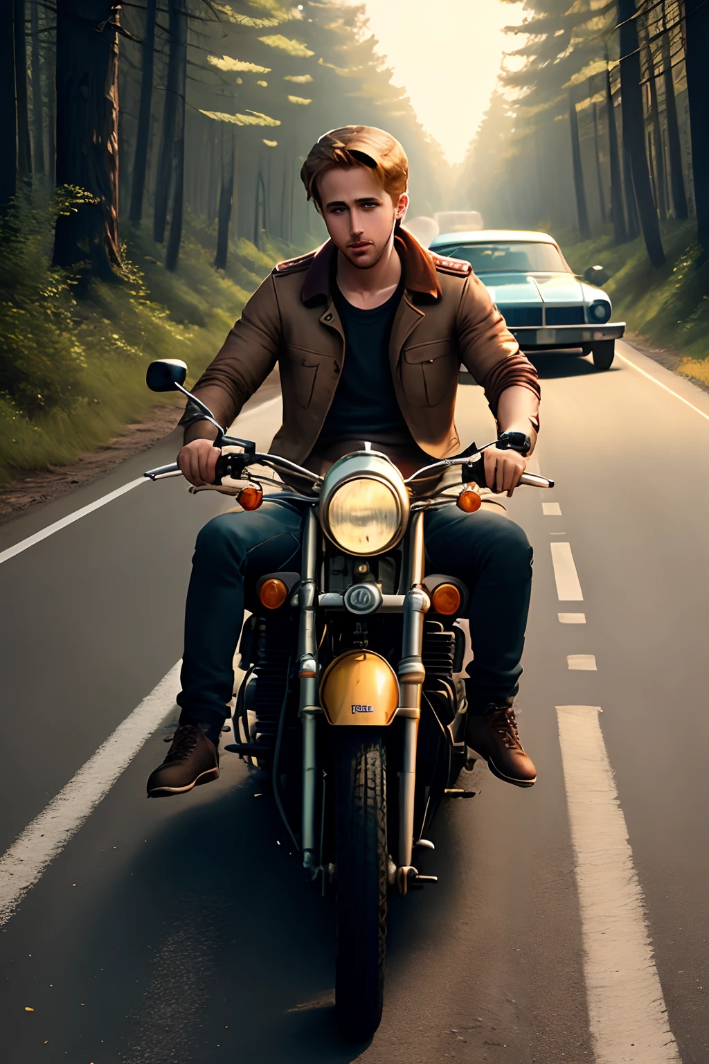 Ryan Gosling driving an old Soviet car through the forest, hands on a steering wheel, one person in a vehicle, evening, asphalt road