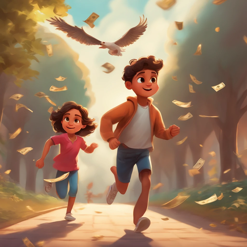 a boy running after flying money and a sad girl next to him, 2d style