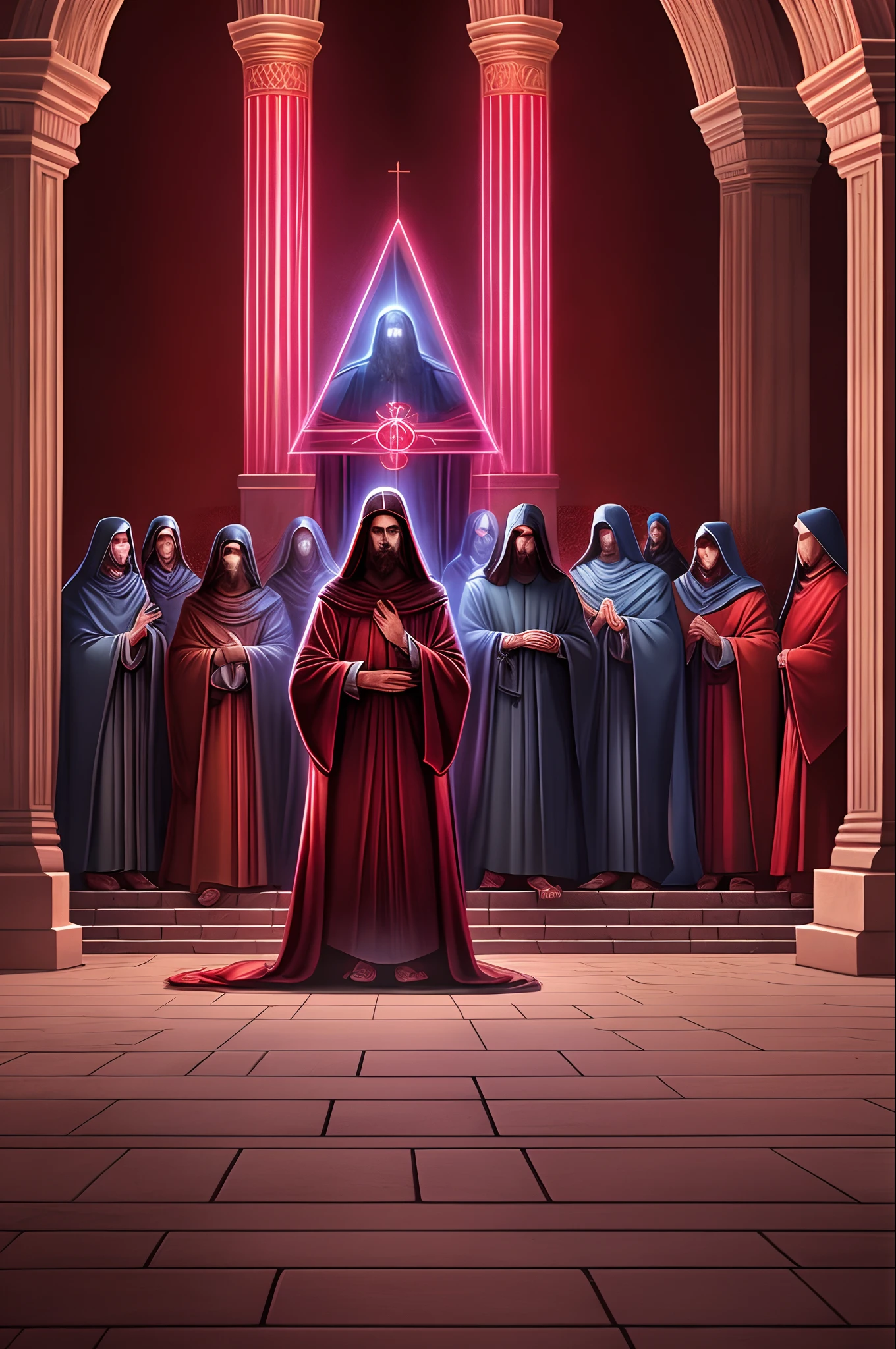 Jesus Cristo , cloaked wizards bowing round the tomb, red aura, sacred, night, temple, digital art style, digital art,insanely detailed --auto --s2
