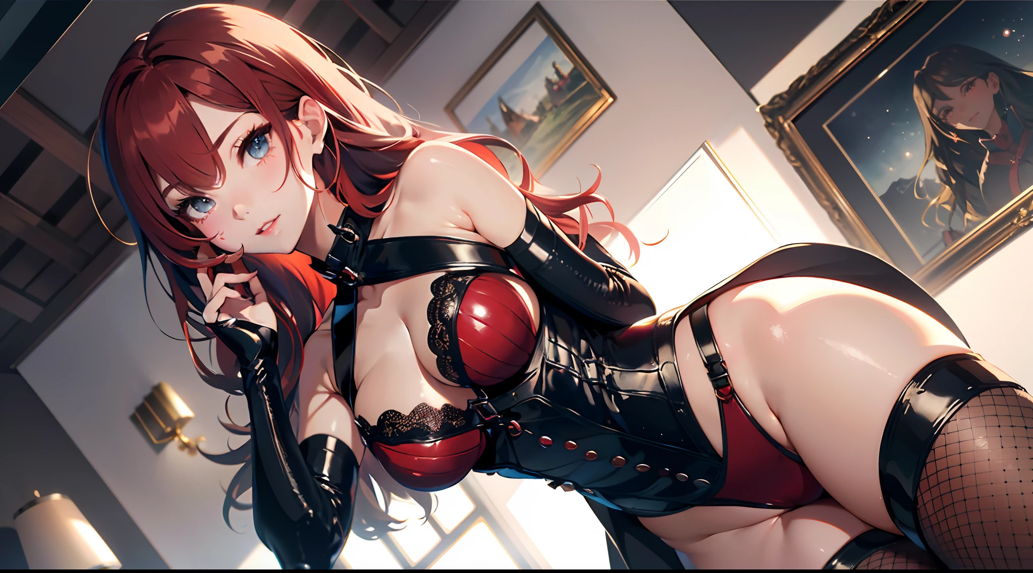 统一 8k 壁纸, a closeup，portrait of a full body，dynamicposes，Vibrant eyes，Particle filter with red and gold color scheme，de pele branca，photorealisim，nffsw, semi transparent((16ｋ,Best Quality, masutepiece, Ultra high definition,top-quality,hight resolution,Ray tracing,PBR,Post-processing,ultra fine photos,sportrait,3D,),(( Dark red BDSM, Dark red bondage),Japan anime girls,Asuka Langure,Long straight red hair,Big breasts that emphasize cleavage:2.0,Thin leg,blue eyess,Elaborate limb representation,well-groomed little nose))((Limbs are２Honzutsu,Number of fingers５Accurately depicted in the book,Accurately capture your feet、Mirror your hands beautifully)Accurately and beautifully express your fingertips、Beautiful fingers of women５Books are also in order.))Express beautiful fingers,A beautiful woman with perfect body,Exquisitely expressed facial expressions,Beautiful fine skin))),(Complex fishnet stockings),pin heels,Leather luster :3.0,Beautiful skin,(corsets),((tthin eyebrows,long eyelashes,smil,二重まぶた,)),No title required,Do not wear anything on your shoulders,Create beautiful light effects on the background,Light Particle Filter,(finerly detailed face:1.4),(​masterpiece:1.4),(top-quality:1.4), Beautiful fine skin,(Complex fishnet stockings),pin heels,Leather luster 3.0,Beautiful skin,(The leather corsets),((tthin eyebrows,long eyelashes,smil,二重まぶた,Glossy lips)),No title required,Do not wear anything on your shoulders,(((Woman standing,Representing a woman from below with a low angle shot,)))