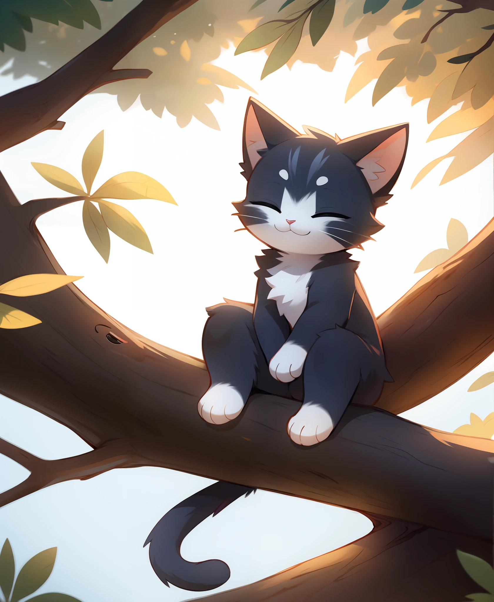 anthro cat leaning on a tree branch, sleeping, closed eyes, gorgeous eyes, whole body, (cute:0.5), goodstuffV1