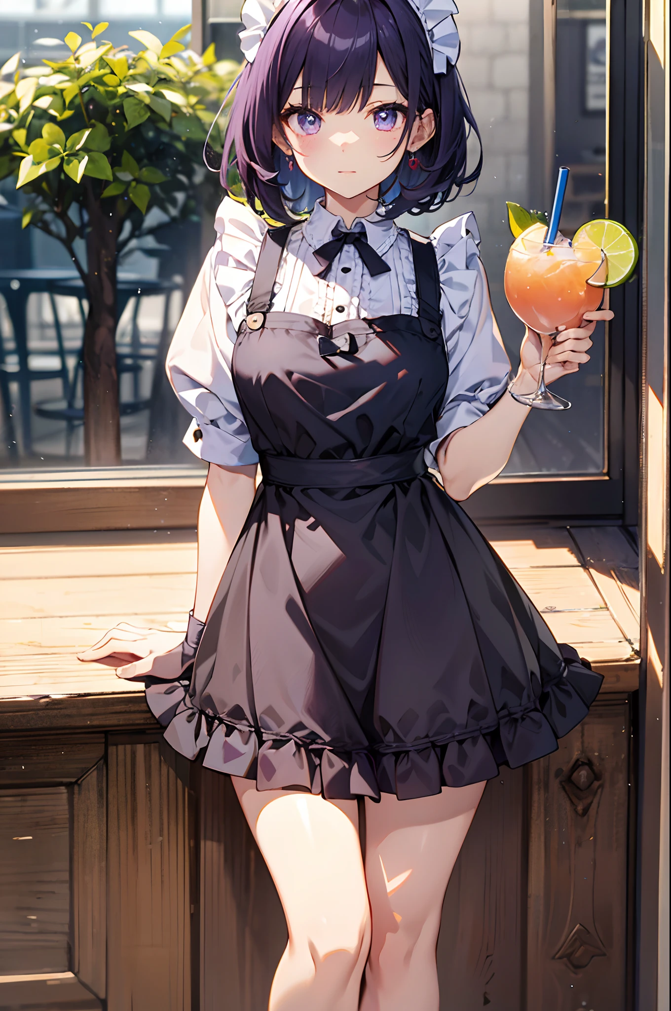 (masuter piece、Best Quality、Detailed、8K, 4K, Illustration、hight resolution、Detailed beautiful eyes:1.2)、cowboy shot、foco nítido、Evening glow、beauitful face、Sharp pupils、Modern Cafe、18 year old beautiful girl、A slender、shinny skin、bob cuts、Beautiful dark purple hair、Purple eyes、inside in room、Apron Dresses、Maid costume、knee sox、I can see the white panties、Have a tray、The tray contains drinks and cakes