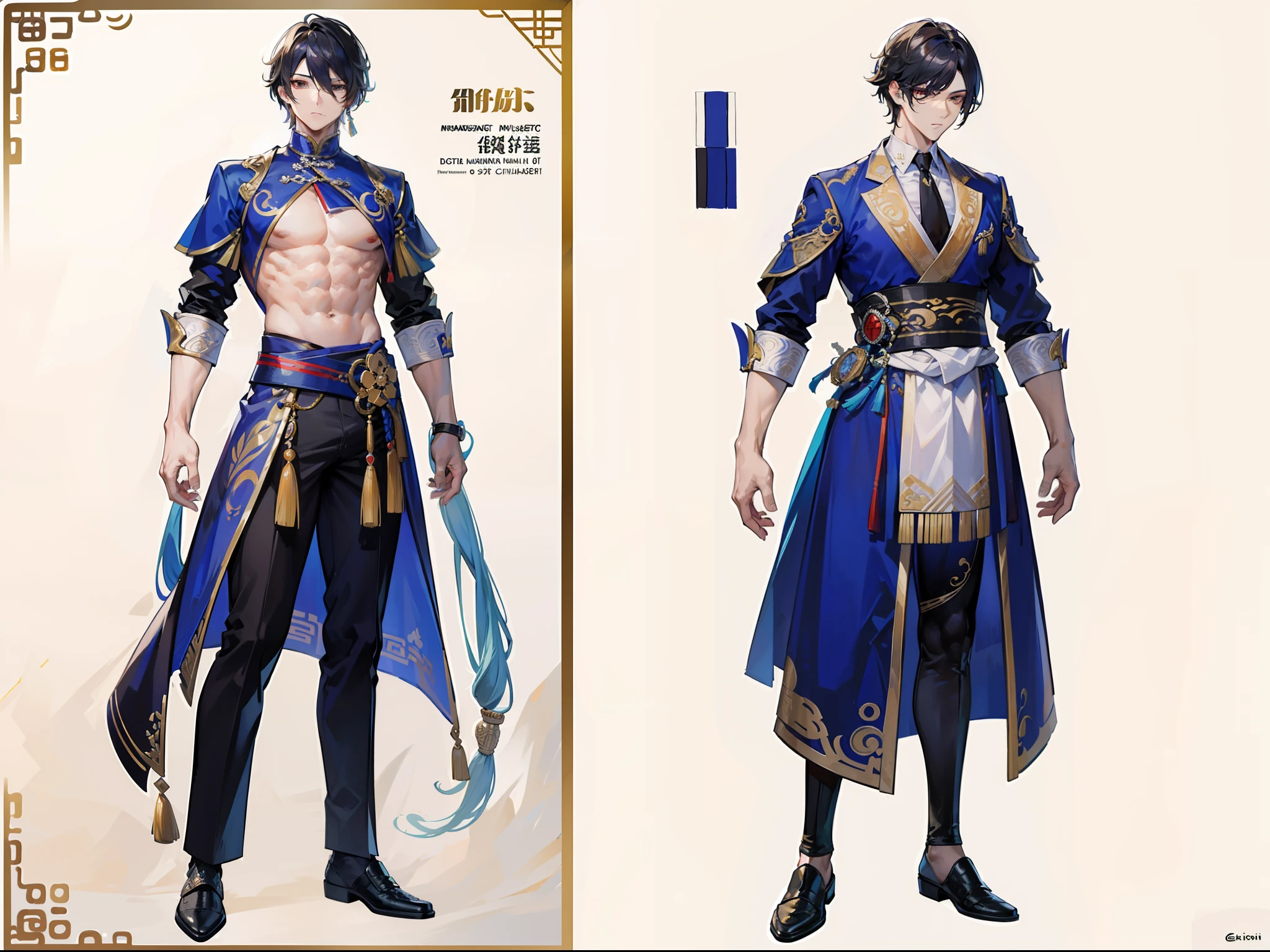 ((Masterpiece, Highest quality)), Male, boy, Detailed face, character design sheet,full body esbian, Full of details, frontal body view, back body view, Highly detailed, Depth, Many parts, Muscle boy with long brunnete hair,handsome man, Traditional chinese clothes, Genshin Impact, man tall, pectoral muscles, abs