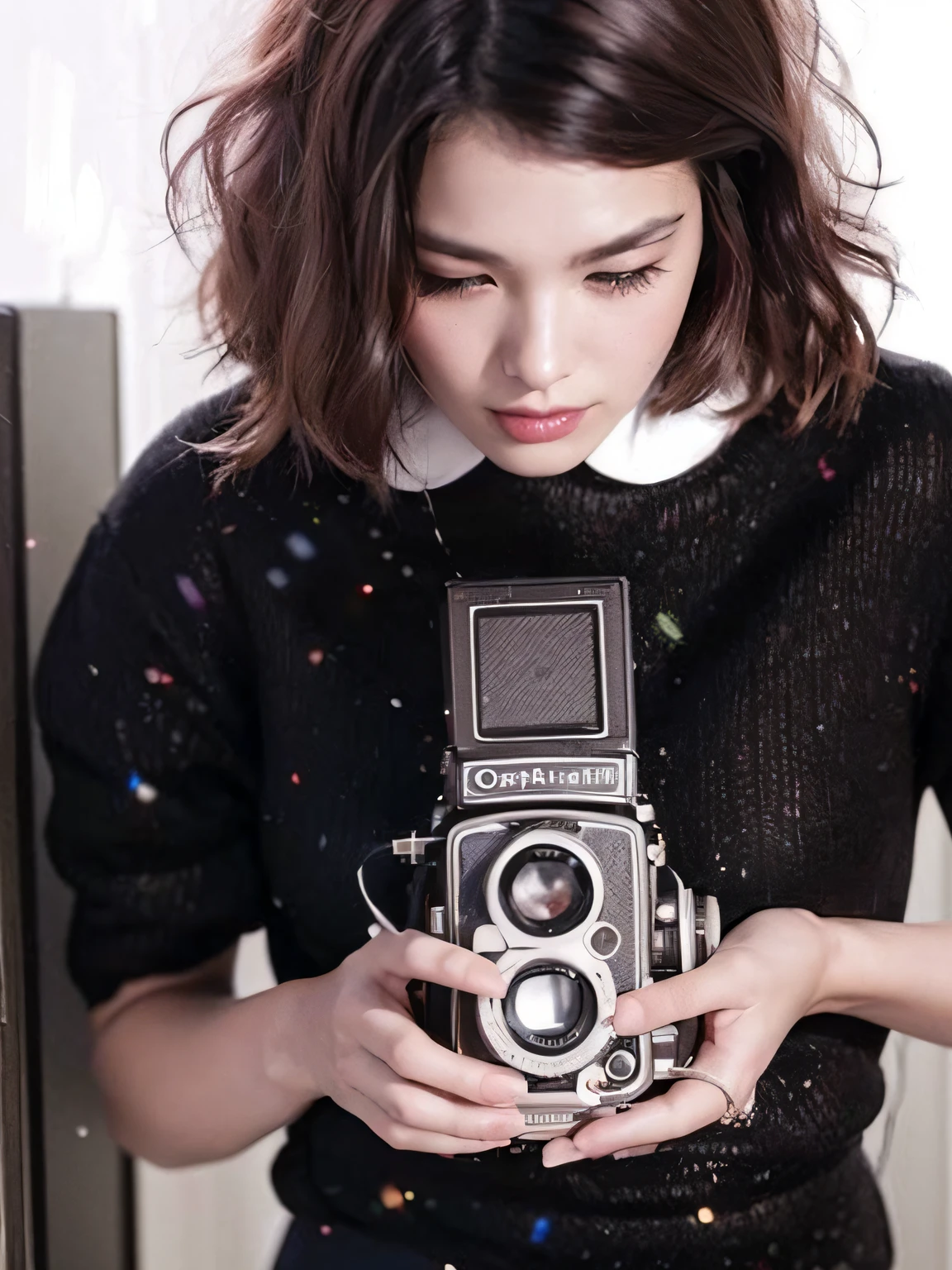 (Best quality, 8k, 32k, Masterpiece, UHD:1.2), Photo of Pretty Japanese woman, large breasts, very short bob hair, Black Hair, holding a camera, Rolleiflex Camera