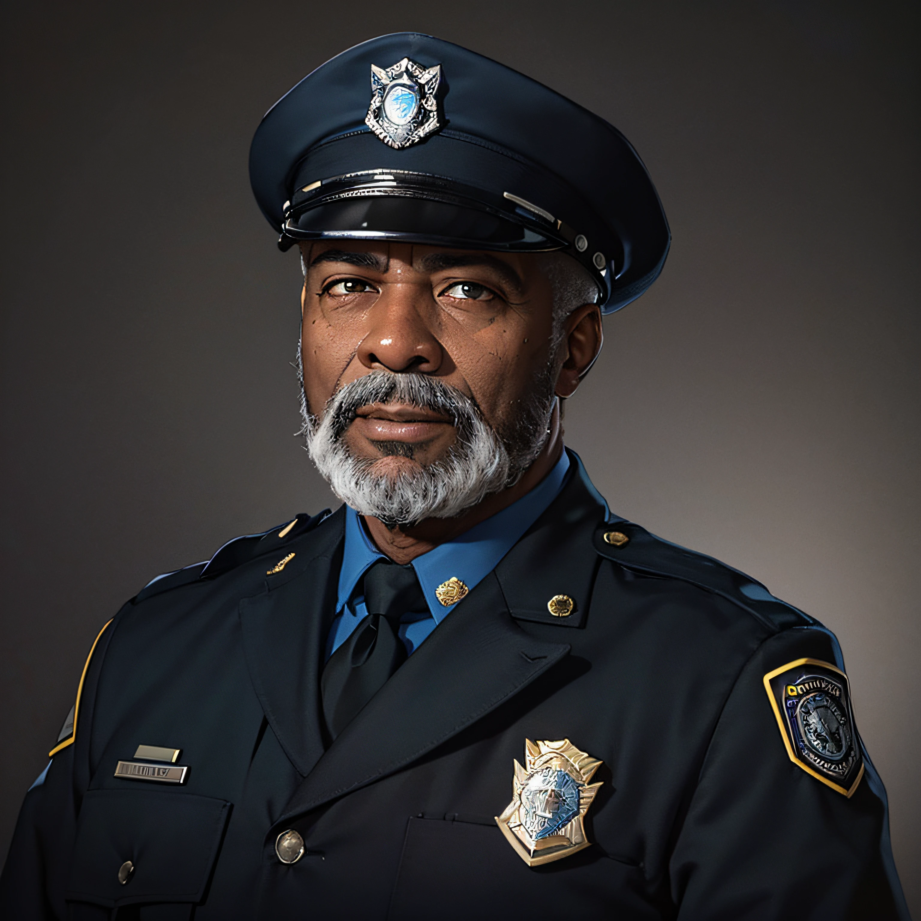 headshot of a black police captain, ((old)), facial hair, grey hair,