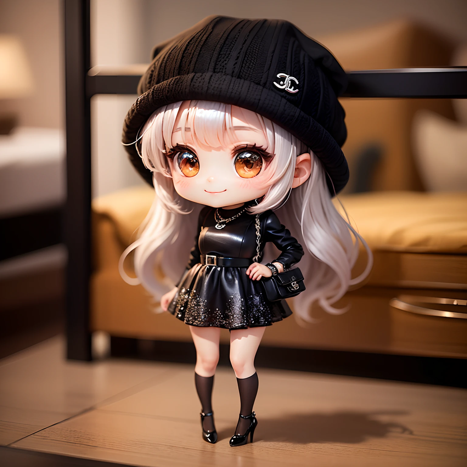 masterpiece、top-quality、ultra-detailliert、(Chibi Chara's Daughter:1.2)、Brown long-haired、黒capelin hat、Mini dress with silver glitter、Black pumps、Black Chanel Bag、Full-body standing figure、a smile、