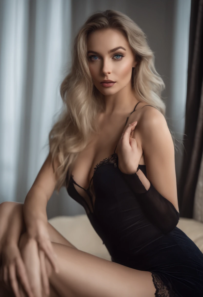 woman with matching tank top, and black stockings. Sexy girl with blue eyes, portrait sophie mudd, portrait corinna kopf, blonde hair and large eyes, Selfie einer jungen Frau, Augen im Schlafzimmer, Violet Myers, ohne Make-up, Natural makeup, Blick direkt in die Kamera, Gesicht mit Artgram, dezentes Make-up, Stunning full body shot, im Schlafzimmer, Spaltung