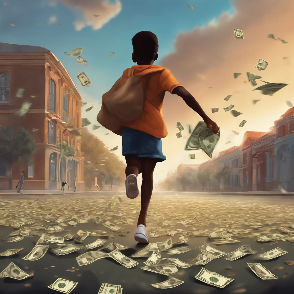 a black boy chasing flying money, ((a sad girl in the distance)), 2d style, hd, full hd