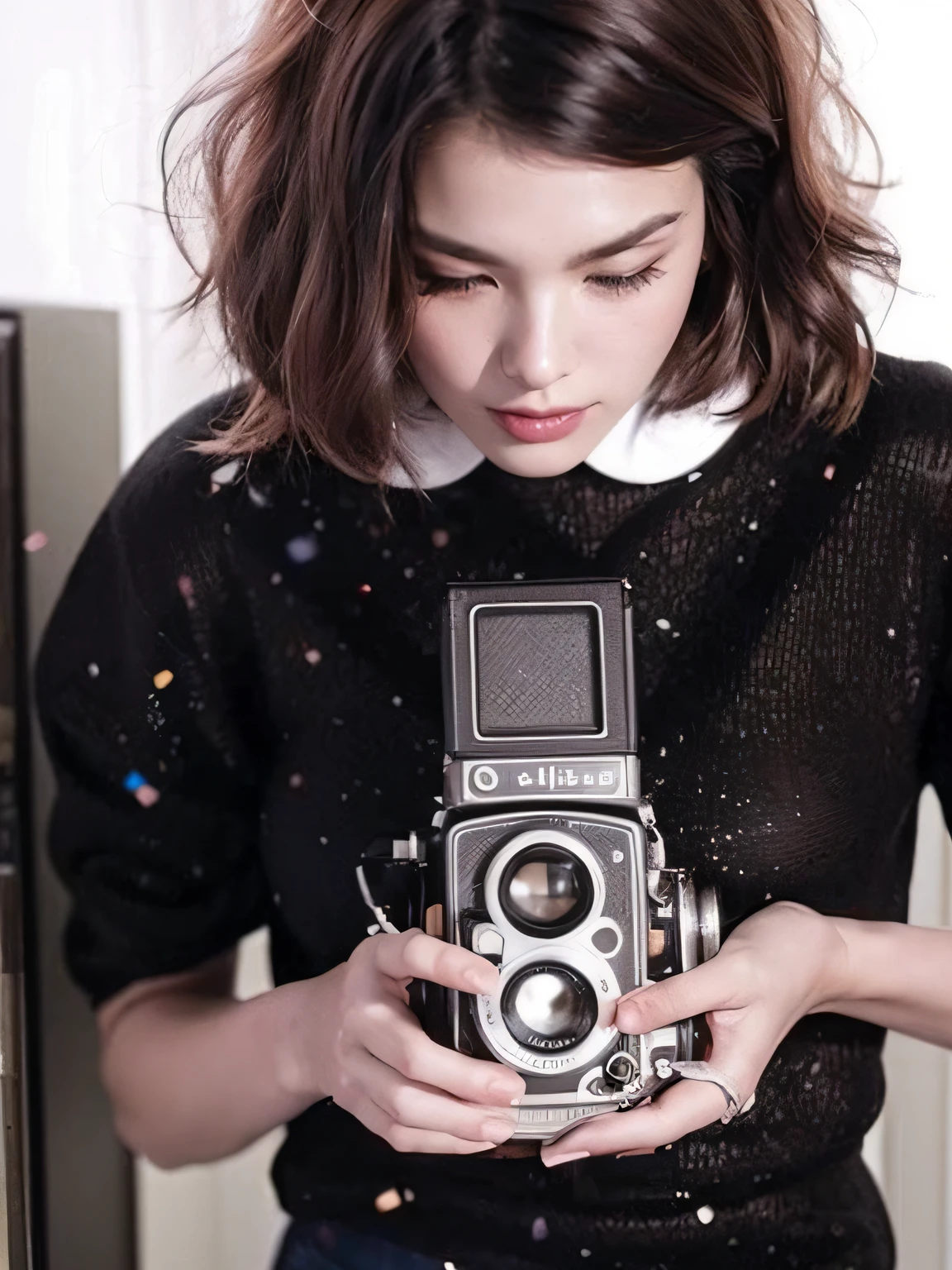 (Best quality, 8k, 32k, Masterpiece, UHD:1.2), Photo of Pretty Japanese woman, large breasts, very short bob hair, Black Hair, holding a camera, Rolleiflex Camera