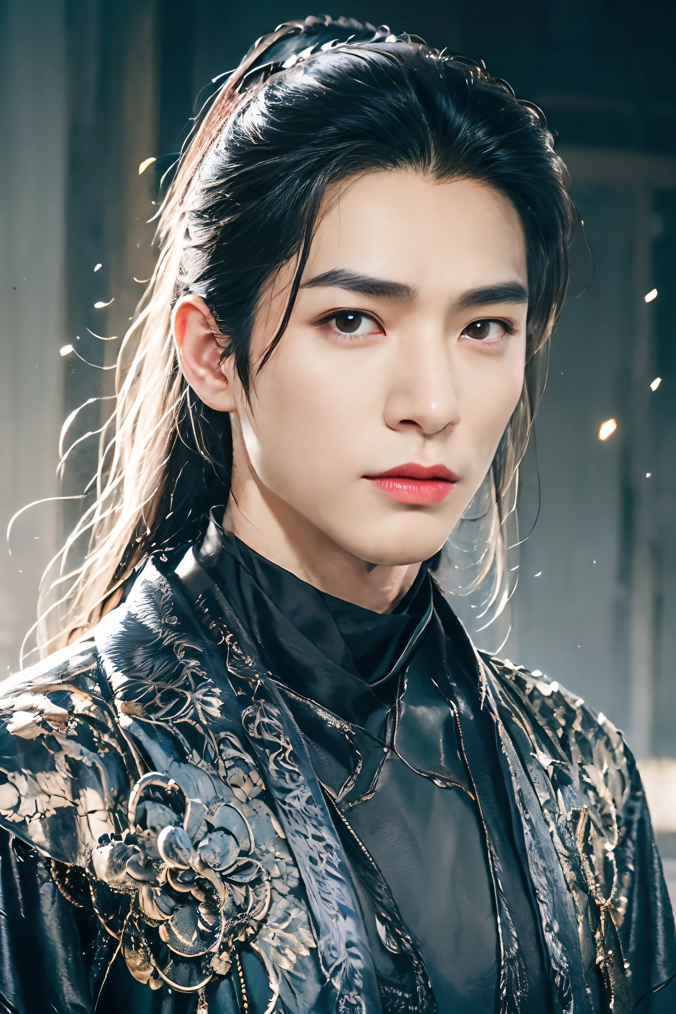 A 21-year-old Asian man,Thick eyebrows,Melon seed face,Handsome face,Men's full body ,A transparent streamer is tied to the body and flutters in the wind,The background is an ancient Chinese palace,Time is night。Deep blue sky,A large full moon,Lots of black lanterns,His skin is fair,He is slender, The limbs have pronounced muscle lines,high-definition photography,Real-world scenarios,Lots of detail, wearing black long coat, black long pants, black turtleneck shirt, lightning magic, messy long hair, messy ponytail, looking at viewer, devilish look at viewer, electrical, sparkles