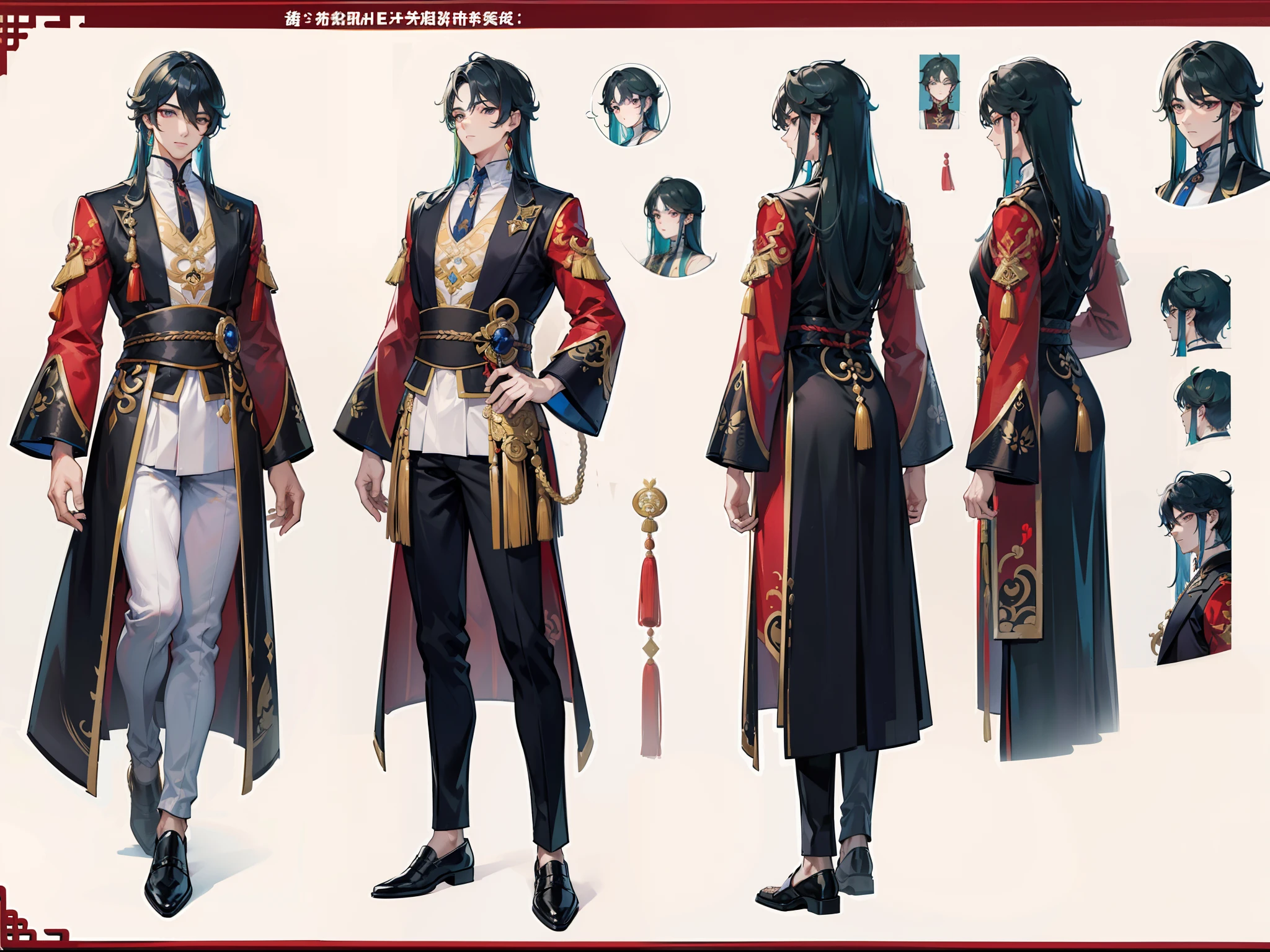 ((Masterpiece, Highest quality)), Male, boy, Detailed face, character design sheet, full bodyesbian, Full of details, frontal body view, back body view, Highly detailed, Depth, Many parts, Muscle boy with brunnete long hair,handsome man, Traditional chinese clothes, Genshin Impact, man tall