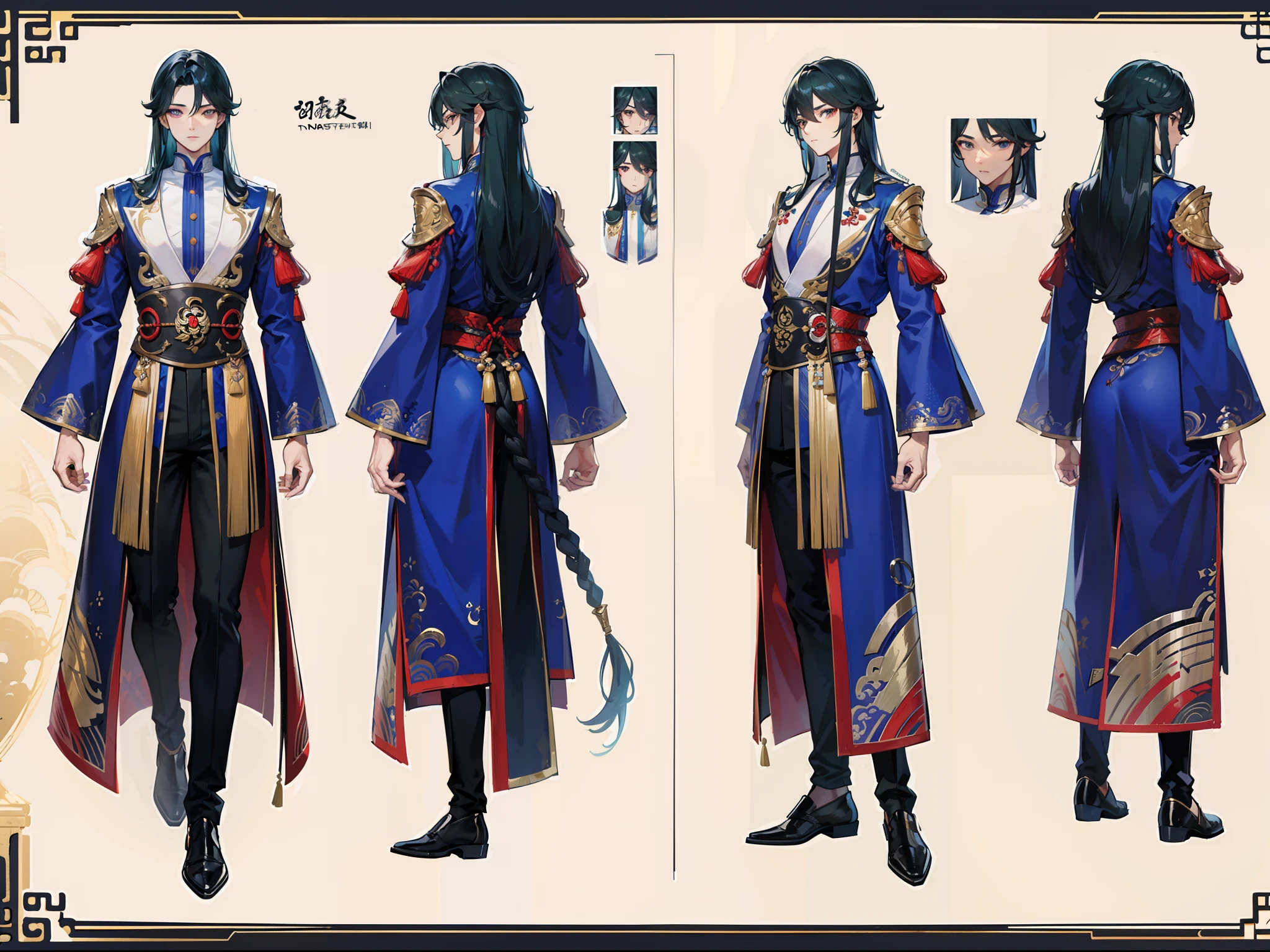 ((Masterpiece, Highest quality)), Male, boy, Detailed face, character design sheet， full bodyesbian, Full of details, frontal body view, back body view, Highly detailed, Depth, Many parts, Muscle boy with brunnete long hair，handsome man, Traditional chinese clothes, Genshin Impact, man tall