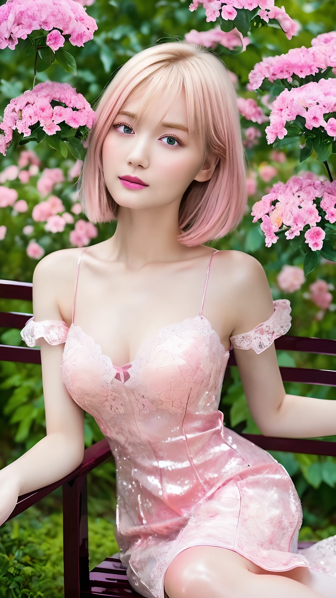Realistic, Hyper Detail,1 Girl, (Blonde and Pink Hair,Purple Clear Eyes), Layered Bob, Dynamic Lighting, (Bold imaginative pose)), (Glossy Skin:1.5), Masterpiece, Best Quality, Absurd, View Viewer, Slender, blush,eyes wide,High Resolution, Sharp Focus, Depth of Field, Detail Eyes, Sharp Eyes, ((Realistic Eyes)), (Medium: 1.4), (Mekoji: 1.2)), ((Flashy lace dress with attractive delicate sexy design: 1.3)),made of many strings,(Flower Garden, Colorful Flower Garden, Flower Landscape: 1.5), (Blue Sky, Cumulonimbus Clouds), (Windmill: 1.3), (Wooden Bench: 1.2), (Abundant Flowers: 1.3),