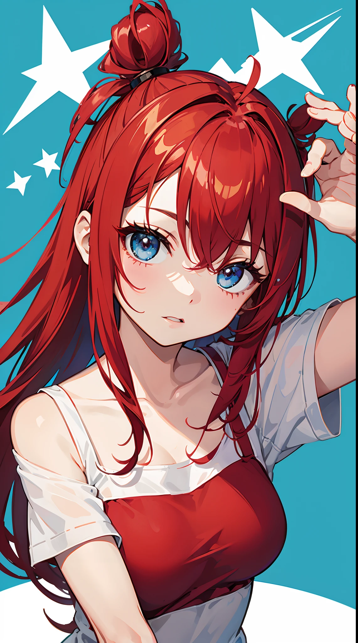 Chica con cabello rojo, con ahoge, ojos color azul