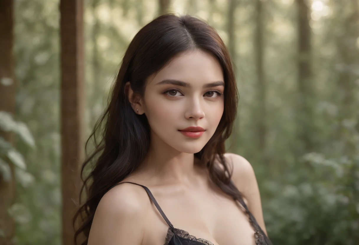 (best quality,4k,8k,highres,masterpiece:1.2),ultra-detailed,(realistic,photorealistic,photo-realistic:1.37),HDR,UHD,studio lighting,extreme detail description,professional,vivid colors,bokeh,beautiful young woman,long flowing black hair,[tent],[sexy lingerie],[mischievous],[looking at viewer],[outdoor],[cuckold camping scene implied] Wide angle view, full body visible