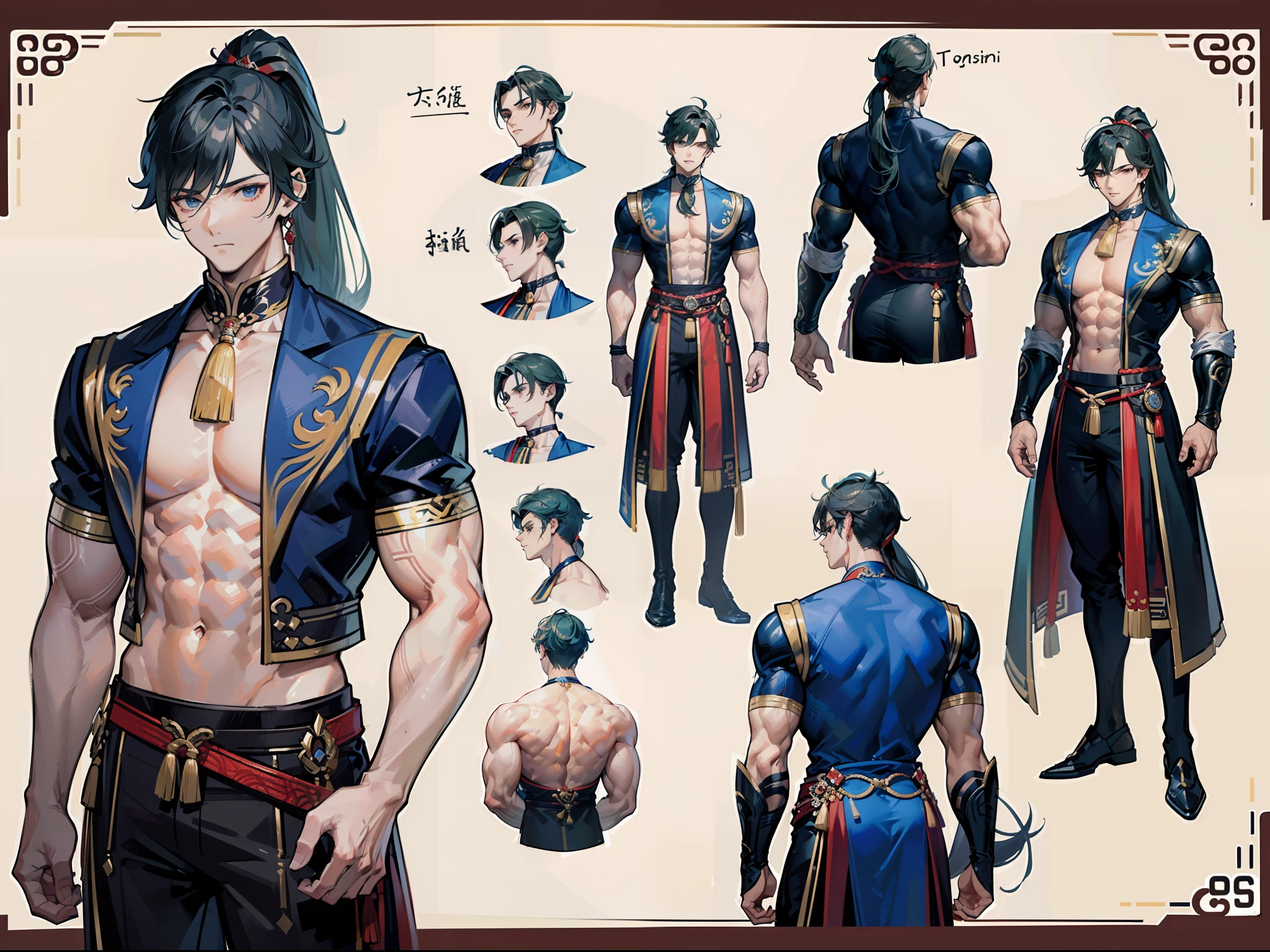 ((Masterpiece, Highest quality)), Male, boy, Detailed face, character design sheet， full bodyesbian, Full of details, frontal body view, back body view, Highly detailed, Depth, Many parts, Muscle boy with ponytail long brunnete hair，handsome man, muscle body, Traditional chinese clothes, Genshin Impact, man tall, pectoral muscles, abs