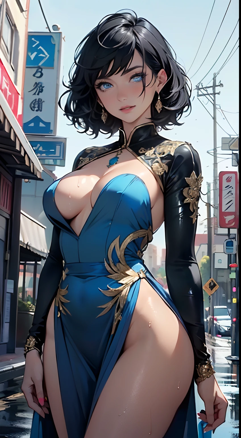 Woman in evening dress,(((1womanl))),((Beautiful woman)),Woman,1womanl,((A MILF,mami,Mature,Mature Woman,Female, 45 years old,Adult)),
(Large breasts:1.4),Saggy breasts,(((Black hair:1.4,Layered Haircut:1.4,Colored inner hair))),(((Blue_Eyes:1.3))),intricate eyes,Beautiful detailed eyes,Symmetrical eyes,((Fat)),(((Lustrous skin:1.5,bright skin: 1.5,skin tanned,Shiny skin,Very shiny skin,Shiny body,plastic glitter skin,exaggerated shiny skin,Illuminated skin,Wet legs))),(spider lower abdomen,Narrow waist,wide-hips,Imbobody,inflated legs,Detailed body,(Detailed face)),
Cute,sluttish,Seductive,Erotic,(((NSFW))),
long strapless draped dress, Greek style, ((A woman wears a small reptile that protects her on the neck,Detailed reptiles)), Blue Dress,Tango Dress,Emphasis on cleavage,((Wet clothes,complex costume,intricate clothing,Glamorous costumes,ornate clothing,Embroidered costumes,Embroidery clothing)),
(Dynamic Pose:1.0),Solo Focus,((smug)),(Centered,scale to fit the dimensions,thirds rule),
Cyberpunk city by the sea at night, Bright neon sign and dark storm clouds and puddles, Scenery:1.25,
hight resolution, Sharp Focus, (ultra-detailliert, Extremely detailed), (Photorealistic artwork:1.37),(the Extremely Detailed CG Unity 8K Wallpapers),((Synthwave Background Theme)),(((Vibrant colors))),(Intricate background),(masutepiece),(Best Quality),