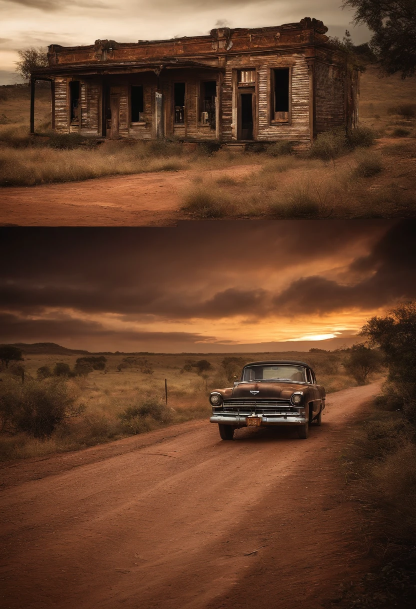 A ghost town with abandoned buildings and a mysterious atmosphere, um antigo saloon do Velho Oeste, destacando a arquitetura do passado, A photo of ruined buildings, Emphasizing the Decay of Ghost Towns, A deserted road leading to the ghost town, Conveying the feeling of isolation, um livro aberto, simbolizando a busca por conhecimento sobre o tema.