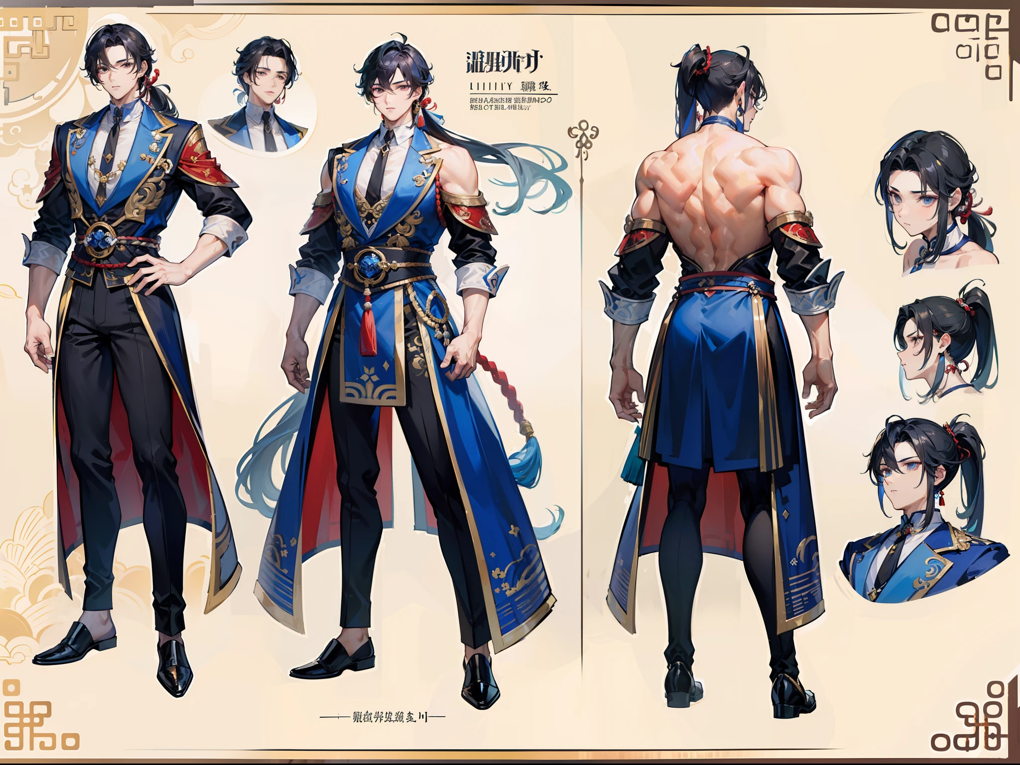 ((Masterpiece, Highest quality)), Male, boy, Detailed face, character design sheet, full bodyesbian, Full of details, frontal body view, back body view, Highly detailed, Depth, Many parts, Muscle boy with ponytail long brunnete hair,handsome man, muscle body, Traditional chinese clothes, Genshin Impact, man tall,