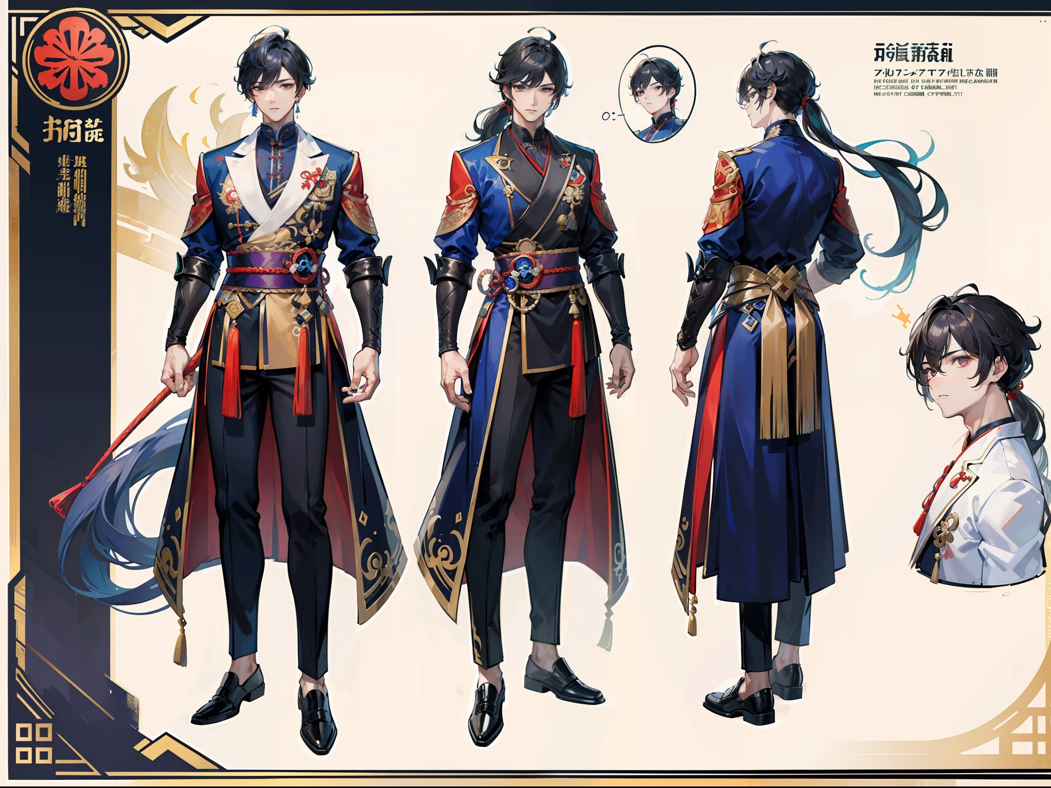 ((Masterpiece, Highest quality)), Male, boy, Detailed face, character design sheet， full bodyesbian, Full of details, frontal body view, back body view, Highly detailed, Depth, Many parts, Muscle boy with ponytail long brunnete hair，handsome man, muscle body, Traditional chinese clothes, Genshin Impact, man tall,
