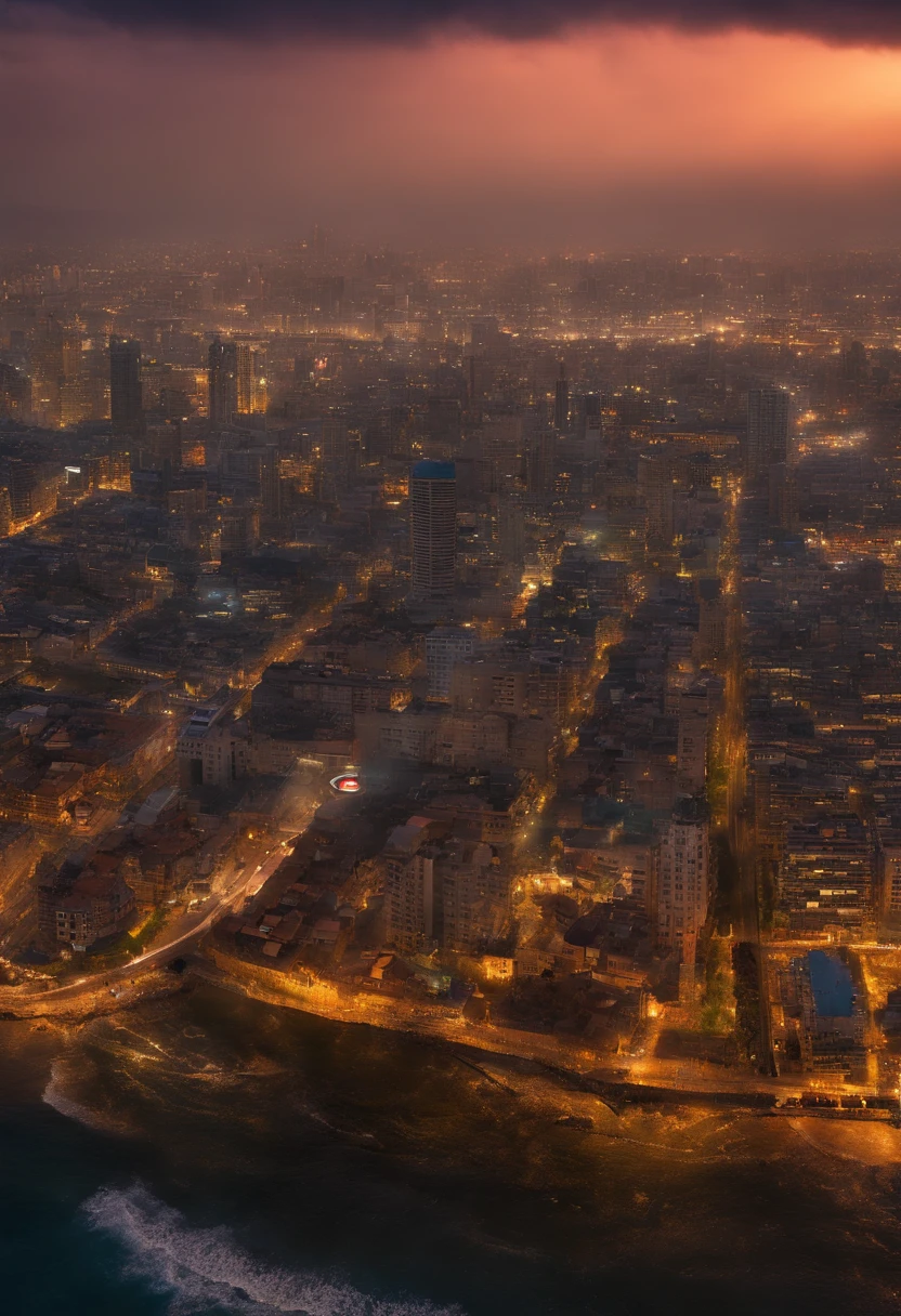 A photograph of a city, destruida, algunos edificios quemandose, un leon, leon mal alimentado, leon desnutrido, Humo ondulando,Imagen espacial, Detalles intrincados, in the shape of a lion, Renderizado de octanaje, 8K hiperrealista, realista textura, Unreal daylighting engine, CineStill 800, (muelle de 35 mm)