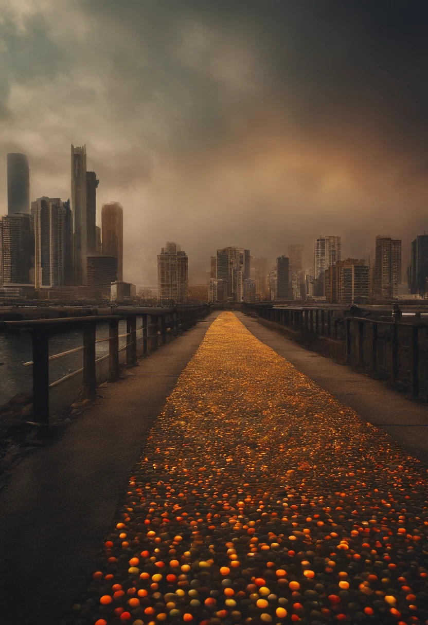 A photograph of a city, destruida, algunos edificios quemandose, un leon, leon mal alimentado, leon desnutrido, Humo ondulando,Imagen espacial, Detalles intrincados, in the shape of a lion, Renderizado de octanaje, 8K hiperrealista, realista textura, Unreal daylighting engine, CineStill 800, (muelle de 35 mm)