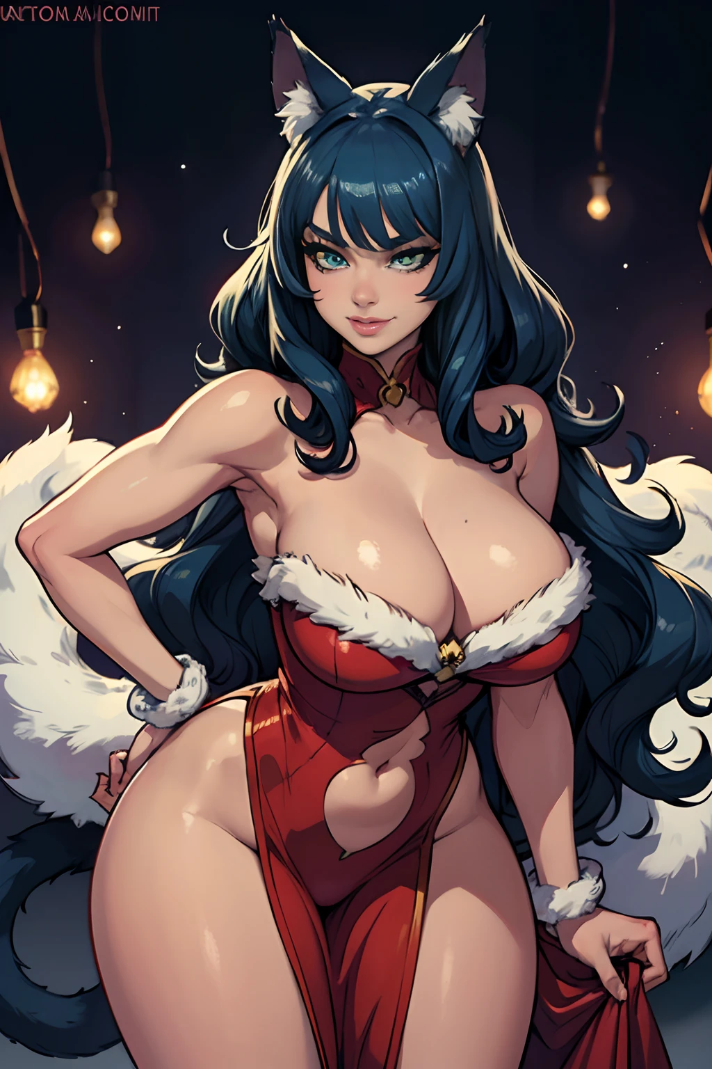 detailed background, detailed face, detailed eyes, looking at viewer, nighttime, felicia from darkstalkers,Felicia_Darkstalkers,aiwaifu, (masterpiece), best quality, 4k resolution, ultra-detailed,realistic,sensual poses,mature woman, giant breasts, giant butt, very curvy, full lips, seductive, smiling, whit a red chinese long dress, bimbo, thick thighs, curvy physique, large breasts, blurry, blurry background,animal_ears,blue_hair,cat_ears,long_hair,animal_hands,breasts,big_hair,very_long_hair,curly_hair,cat_tail,tail,fur,claws,large_breasts,green_eyes,navel,cat_girl,cat_paws,slit_pupils,white_fur,bare_shoulders,collarbone,thighs,cleavage,halftone,toned.