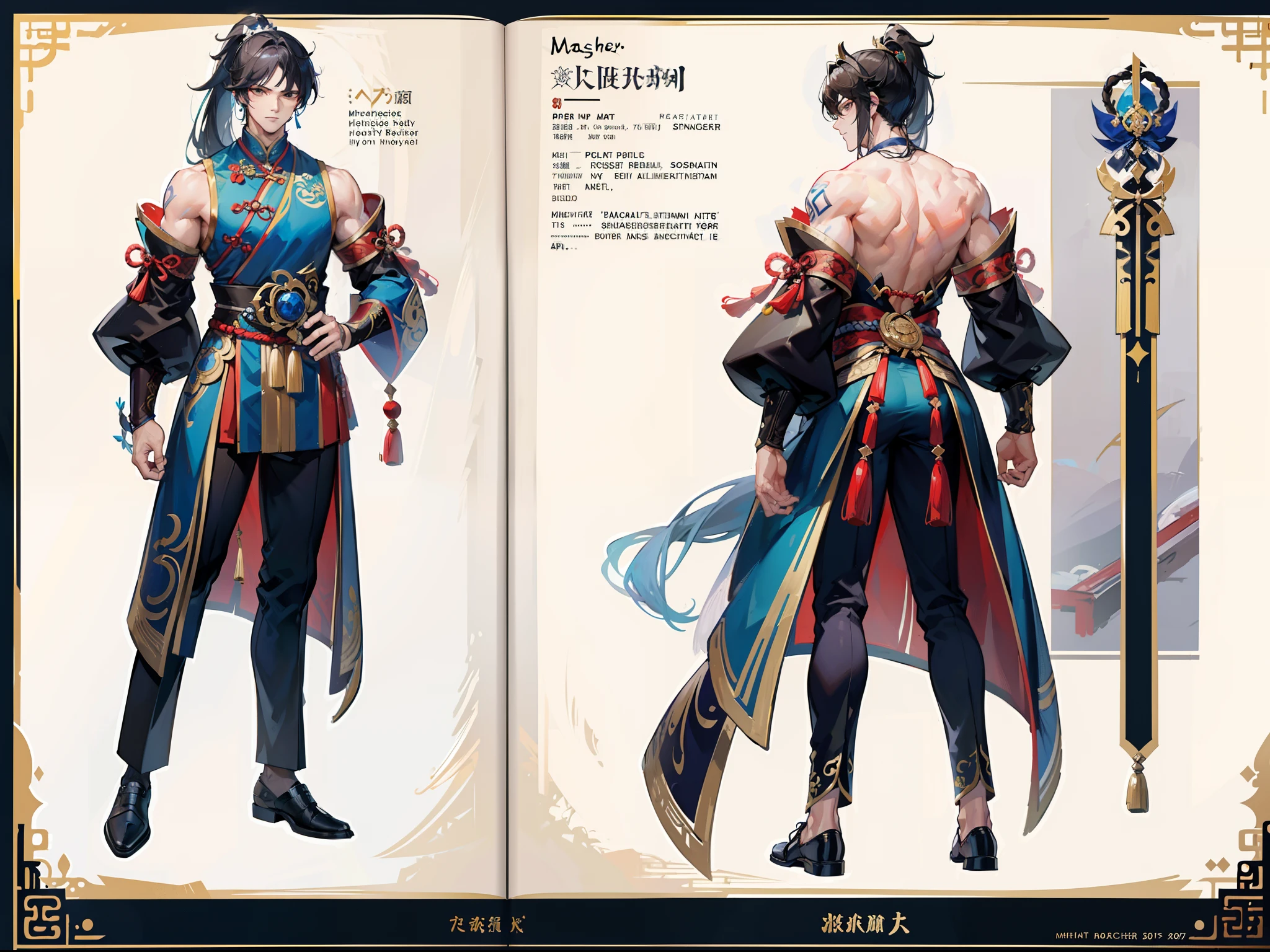 ((Masterpiece, Highest quality)), Male, boy, Detailed face, character design sheet, full bodyesbian, Full of details, frontal body view, back body view, Highly detailed, Depth, Many parts, Muscle boy with ponytail long brunnete hair,handsome man, muscle body, Traditional chinese clothes, Genshin Impact, man tall,
