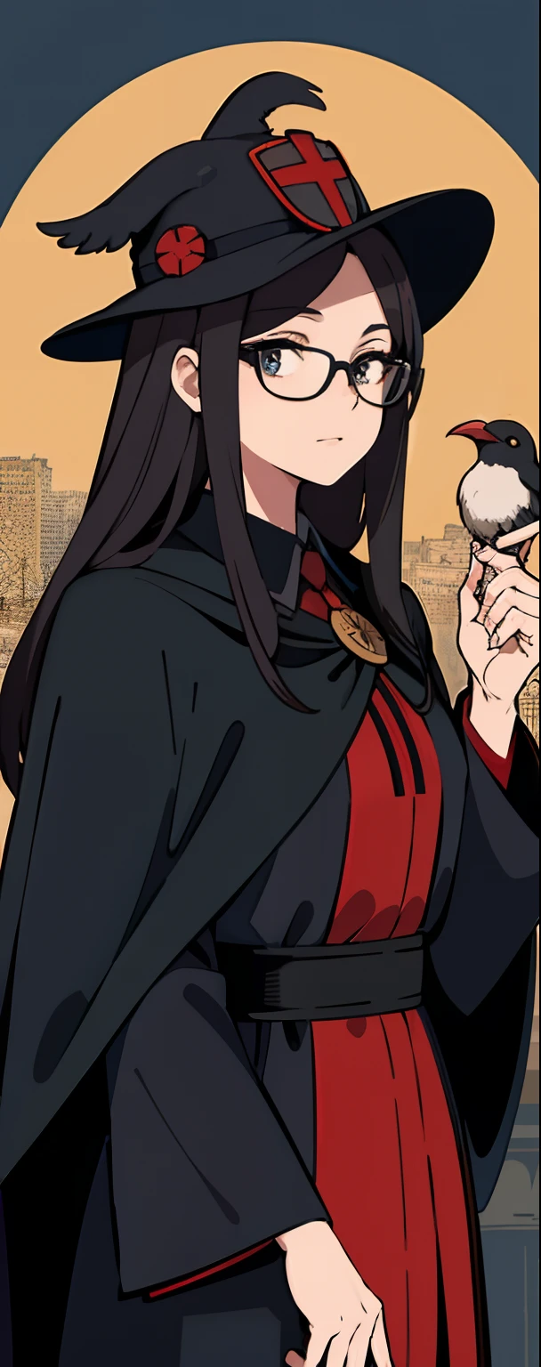 (Masterpiece, Best Illustration,) medieval, Beak mask, Black robe, urban backdrop, doctor, masked, woman, Clear, Fine motors, Wear a brim and hat, Glasses, can&#39;Look at the eyes, Hand stop crow