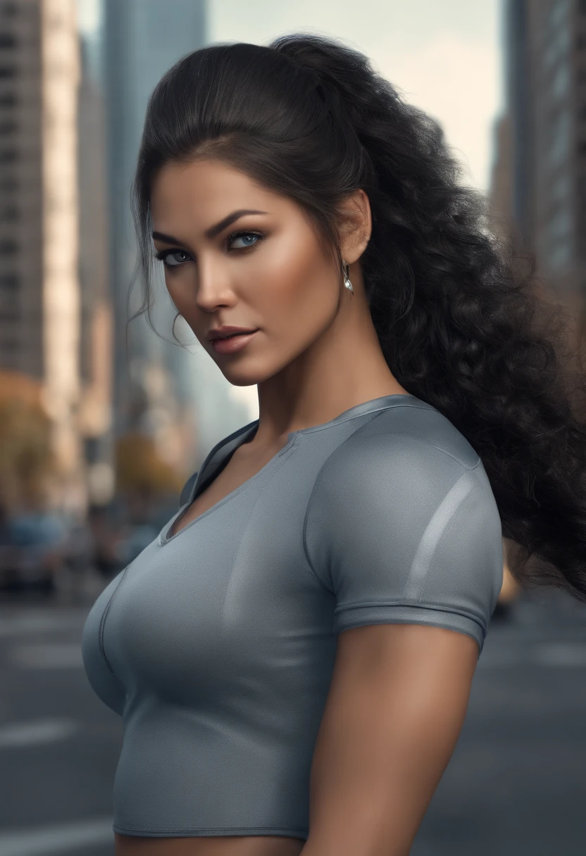 Blue eyes, Masterpiece, Best Quality, 8K, Photographic Reality, Realistic, Octane Rendering, Bustling Urban Streets of CHicago (1 Woman: 1.4), (Only One Woman on the Screen: 1.3), (Grey Shirt), (Black Hair in Ponytail), (Black shorts), (silver teardrop pendant), (Blue Eyes) Upper Body Display (Asian-American) (Fit, Athletic, Tall, muscular, strong)(Small Breasts) (Frost Giant), (Superpowered girl)
